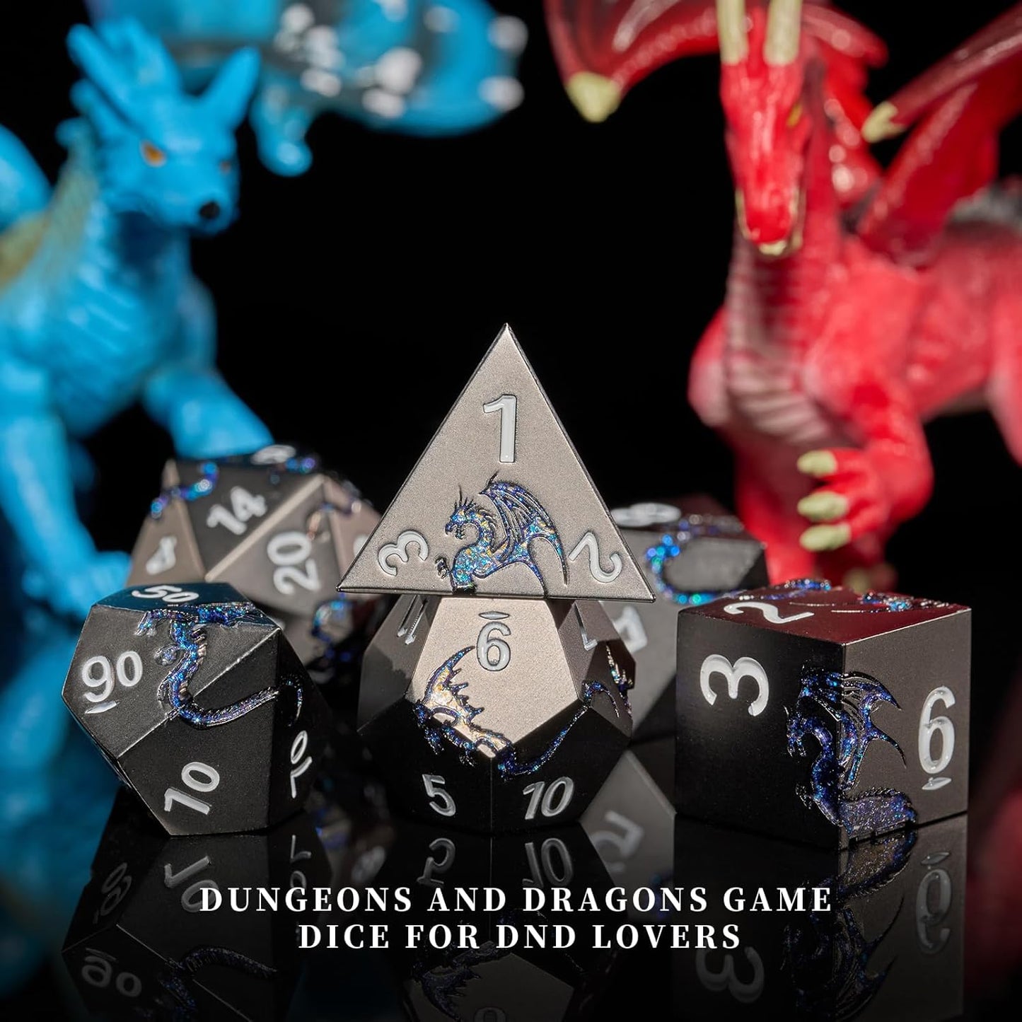 Metal Dice Set D&D,Glitter Blue Dragon Heavy Metallic DND Dice,Polyhedral Dice 7 Piece for Dungeons and Dragon Tabletop Game(Black Glitter Blue Dragon)