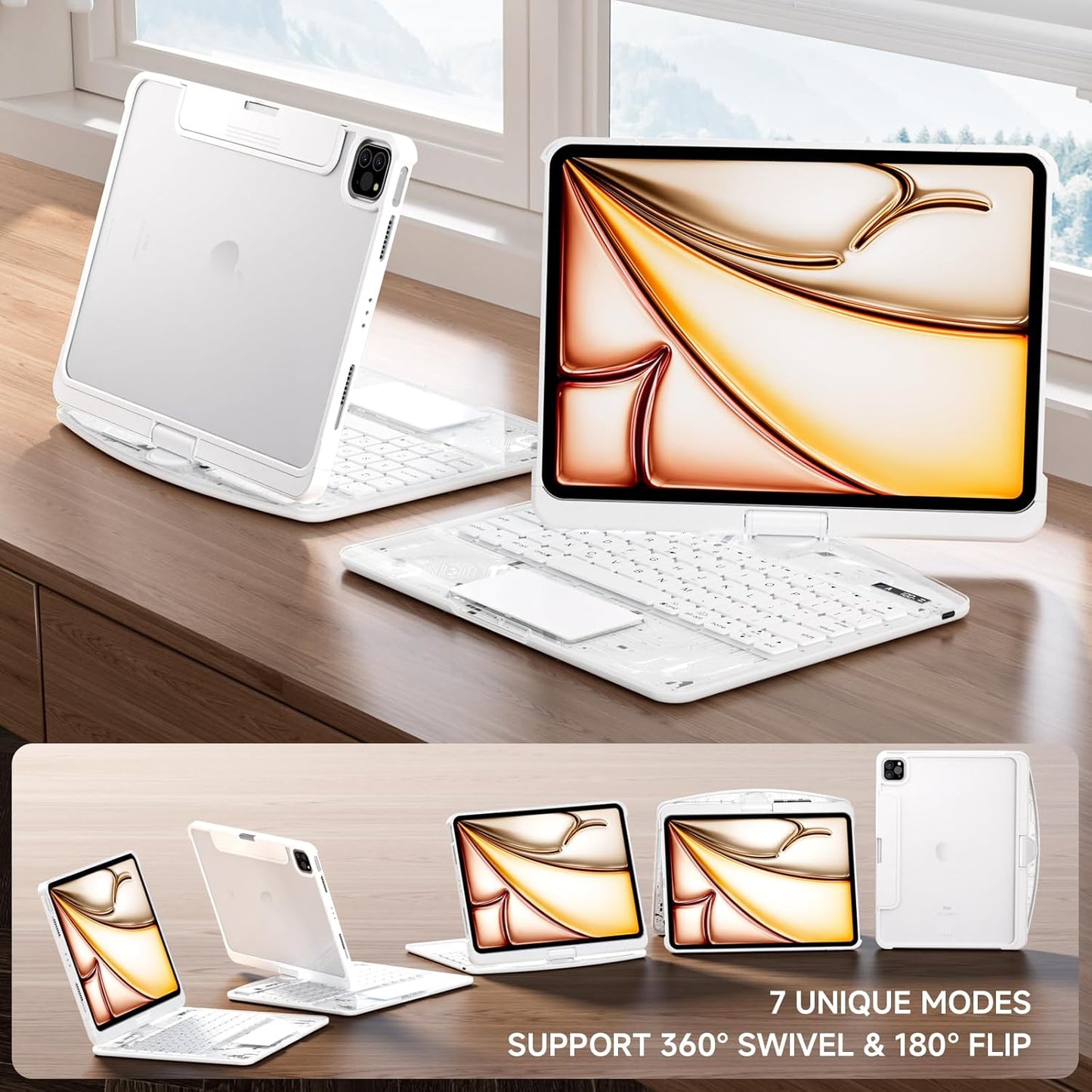 Transparent Case with Keyboard for iPad 11th Gen 11 Inch.(A16, 2025) & 2022 iPad 10th Gen 10.9 Inch,7-Color Backlit,Wireless Keyboard, 360°Rotating,with trackpad,Pencil Holder,with Shortcuts,White