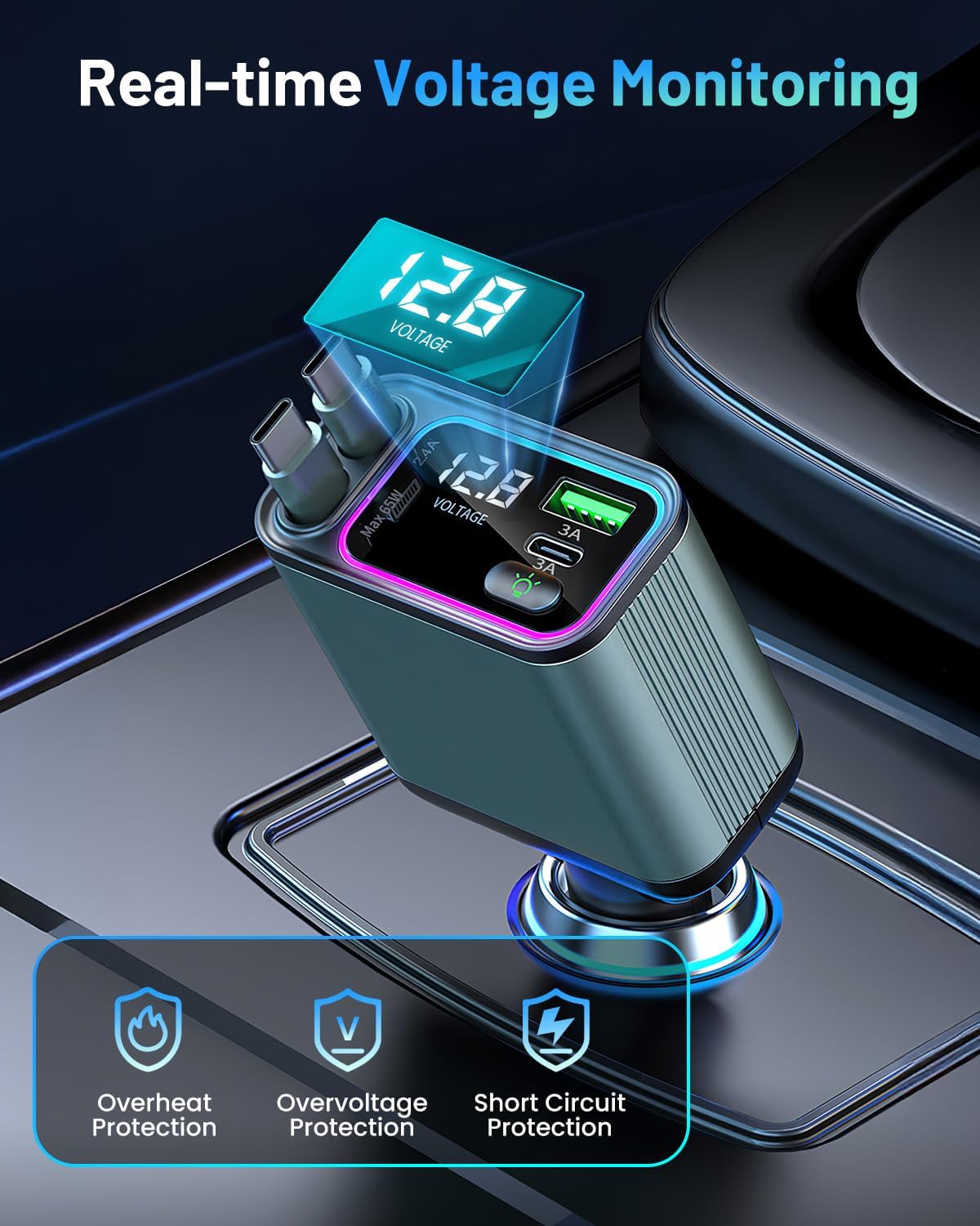 4 in 1 Retractable Car Charger with RGB Light, 92W Fast Charging Dual USB C Car Adapter, Compact Car Phone Charger for iPhone/Galaxy/Pixel, Road Trip Essentials (Dual Type C Cable)