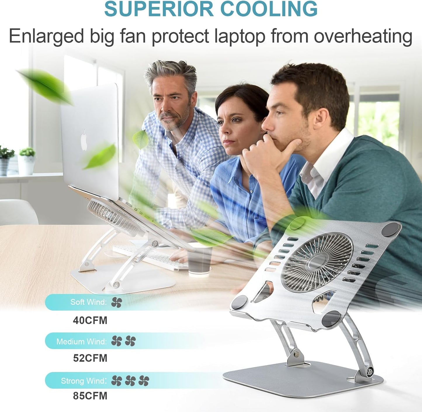 SHUWEI Laptop Cooling Stand with 3 Speed Fan, Adjustable Height Laptop Stand for Desk, Ergonimic Aluminum Laptop Cooling Pad for 10-15'' Notebook - Bule-Gray