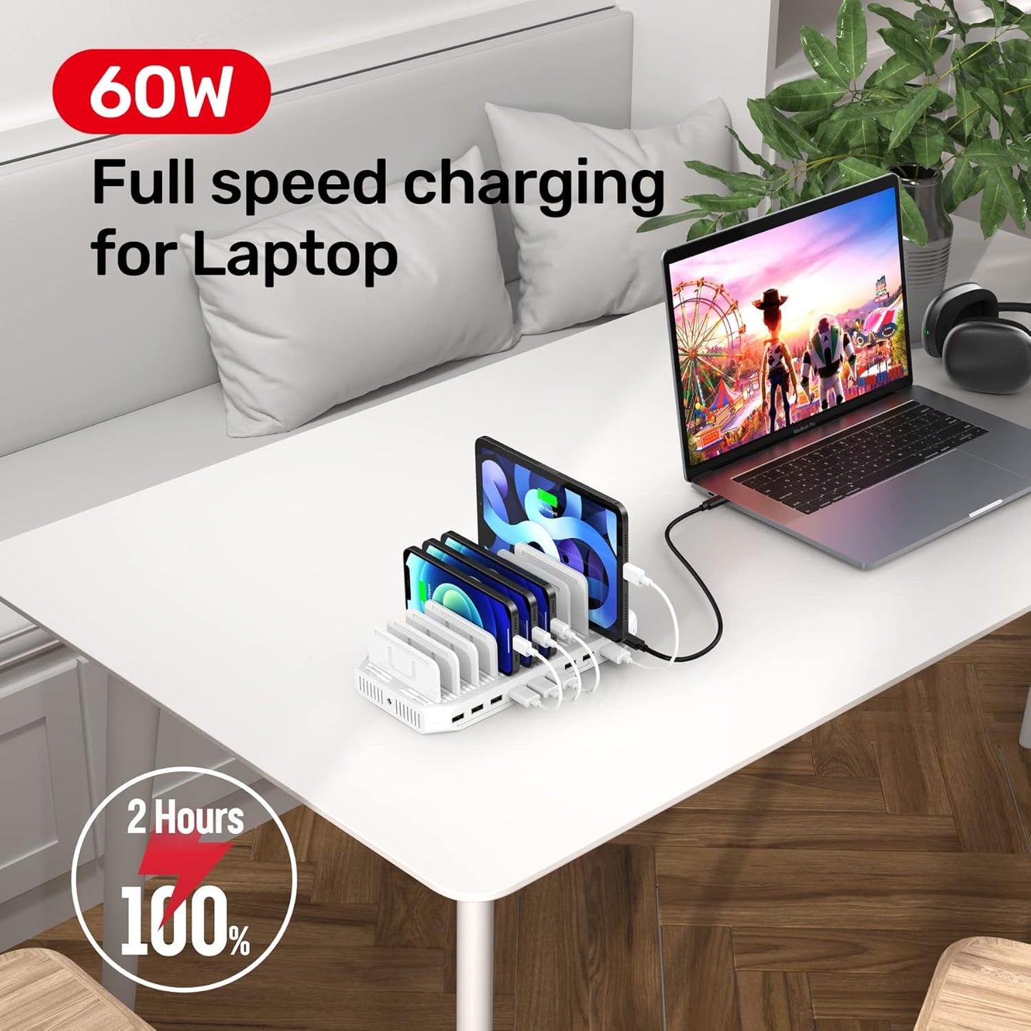 USB C PD 60W Charging Station with QC 3.0, Unitek 160W 10-Port USB Quick Charger Dock, Power Delivery Compatible with Laptop MacBook, Pixel, Upgraded Dividers