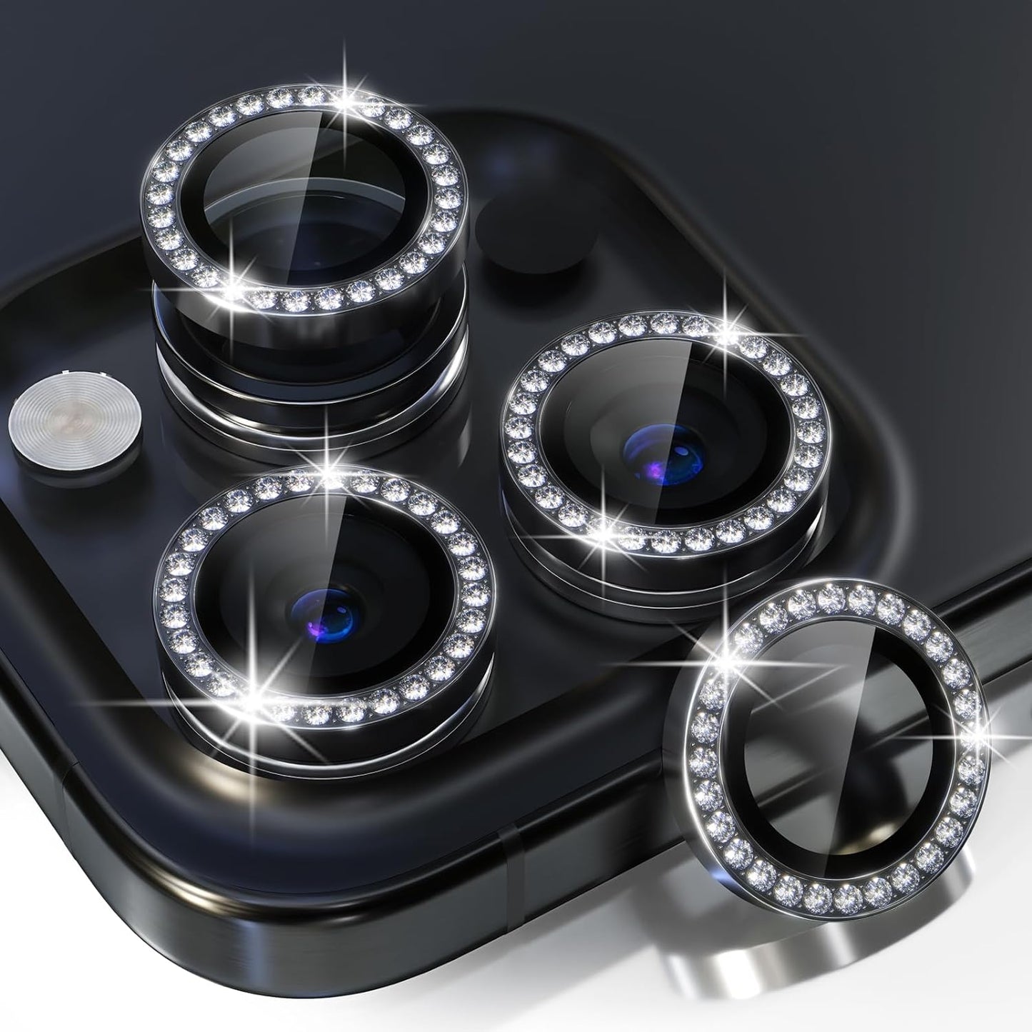 Choiche Compatible for iPhone 15 Pro/iPhone 15 Pro Max Camera Lens Protector Bling, 9H Tempered Glass Camera Cover Screen Protector Metal Ring Decoration Accessories (Diamond-Black)