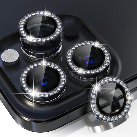 Choiche Compatible for iPhone 15 Pro/iPhone 15 Pro Max Camera Lens Protector Bling, 9H Tempered Glass Camera Cover Screen Protector Metal Ring Decoration Accessories (Diamond-Black)