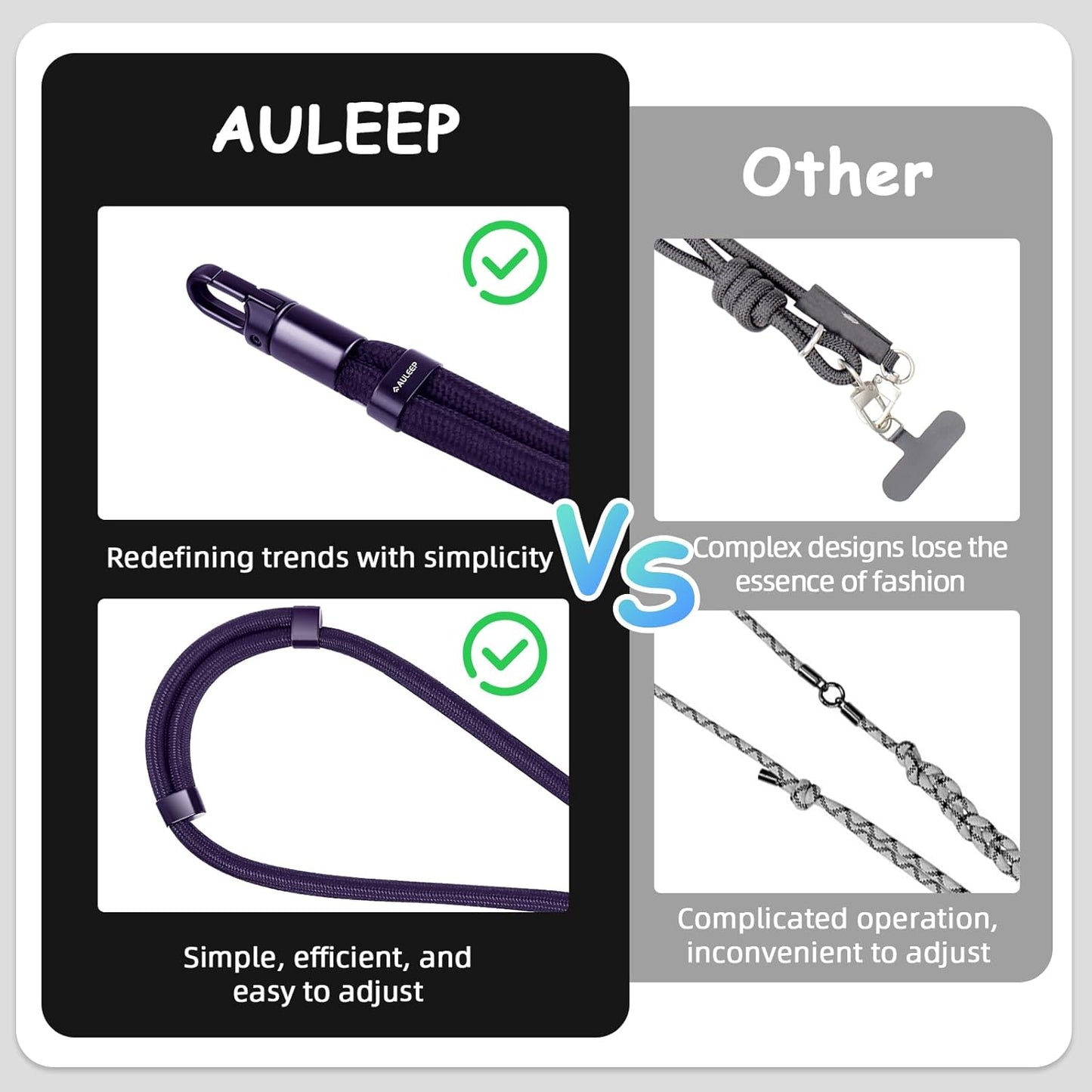 AULEEP Universal Phone Lanyard Corssbody, Anti-theft Phone Strap for Women and Men, Adjustable Cell Phone Neck Lanyard for all iPhone and Smartphone, with 2 Phone Tethers (Metal & Plastic), Purple