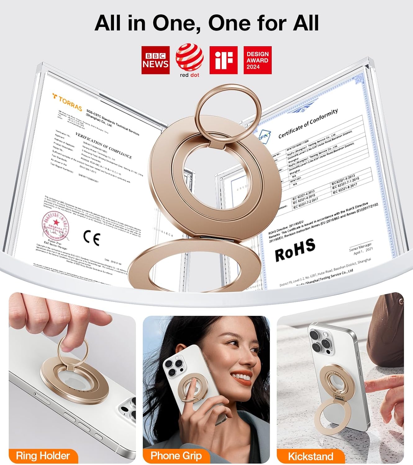 TORRAS 2025 Upgrade [Dual-Ring] Fit for MagSafe Phone Grip Ring Holder Compatible with MagSafe Kickstand Magnetic for iPhone 16/15/14/13/12/11 Samsung, Google Accessories, Desert Titanium Gold