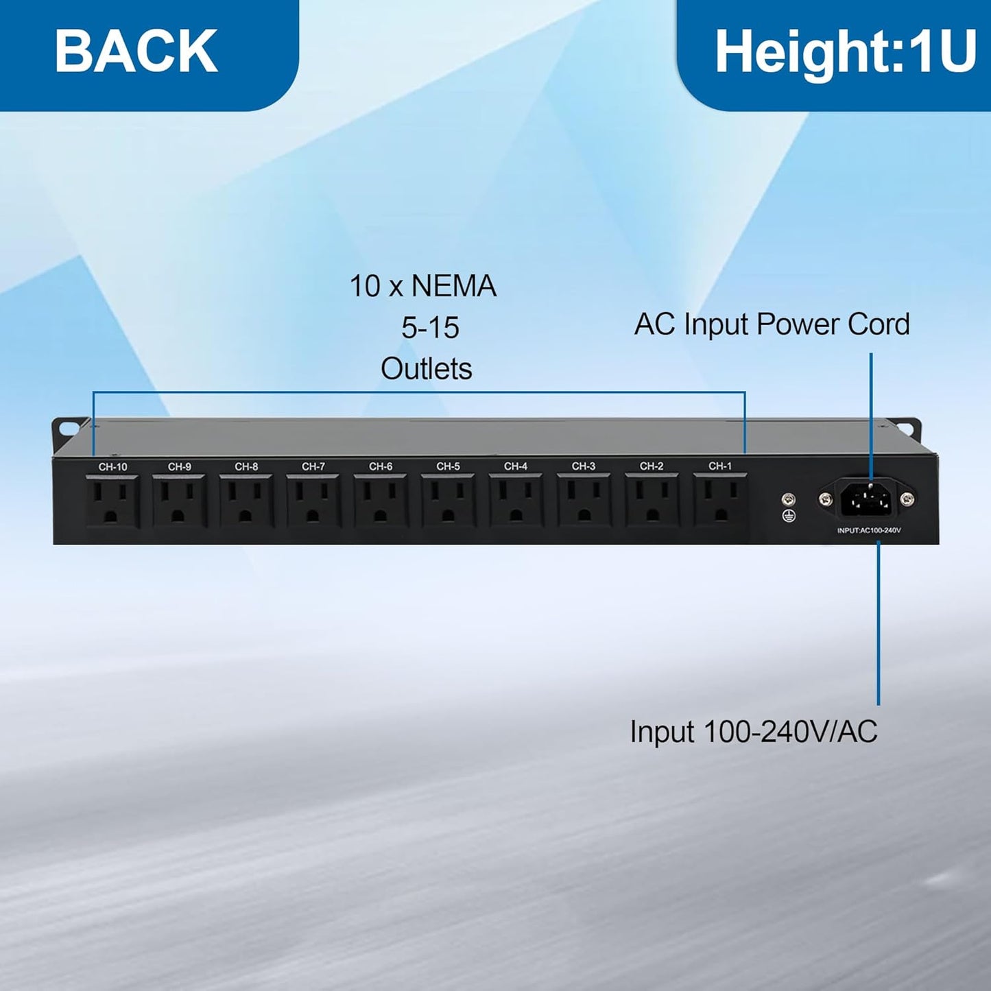 10 Outlet Horizontal 1U PDU Rack Mount Power Strip - Surge Protection,10 Individual Led Switches，AC 100V-240V-15A.for Network Server Racks, 6 ft Heavy Power Cord, ETL Listed