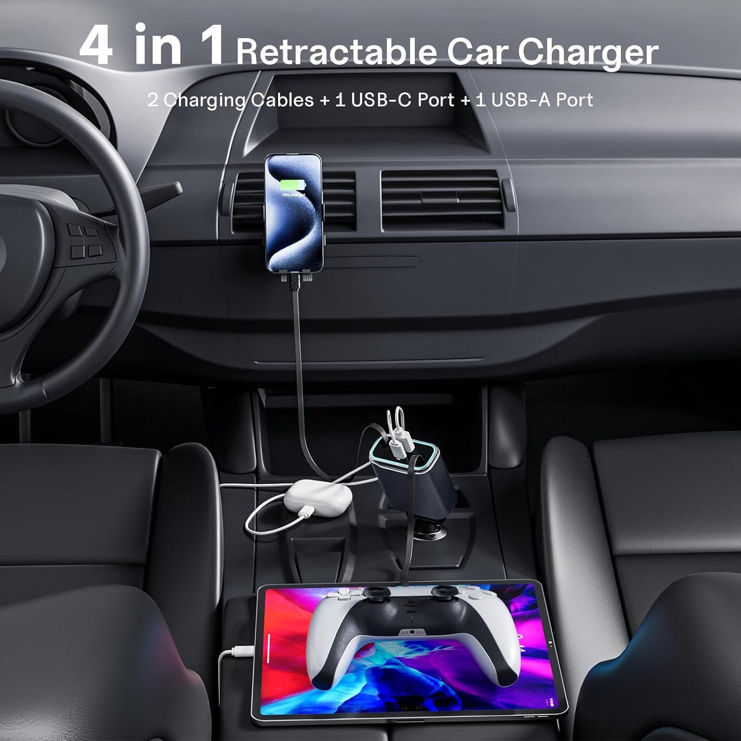 Retractable Car Charger USB C 131W 4-in-1 Fast Charging with 2 Retractable Cables Car Phone Charger Adapter for iPhone 16 15 14 13 Fast Charge Car Accessories, Gifts for Men Women
