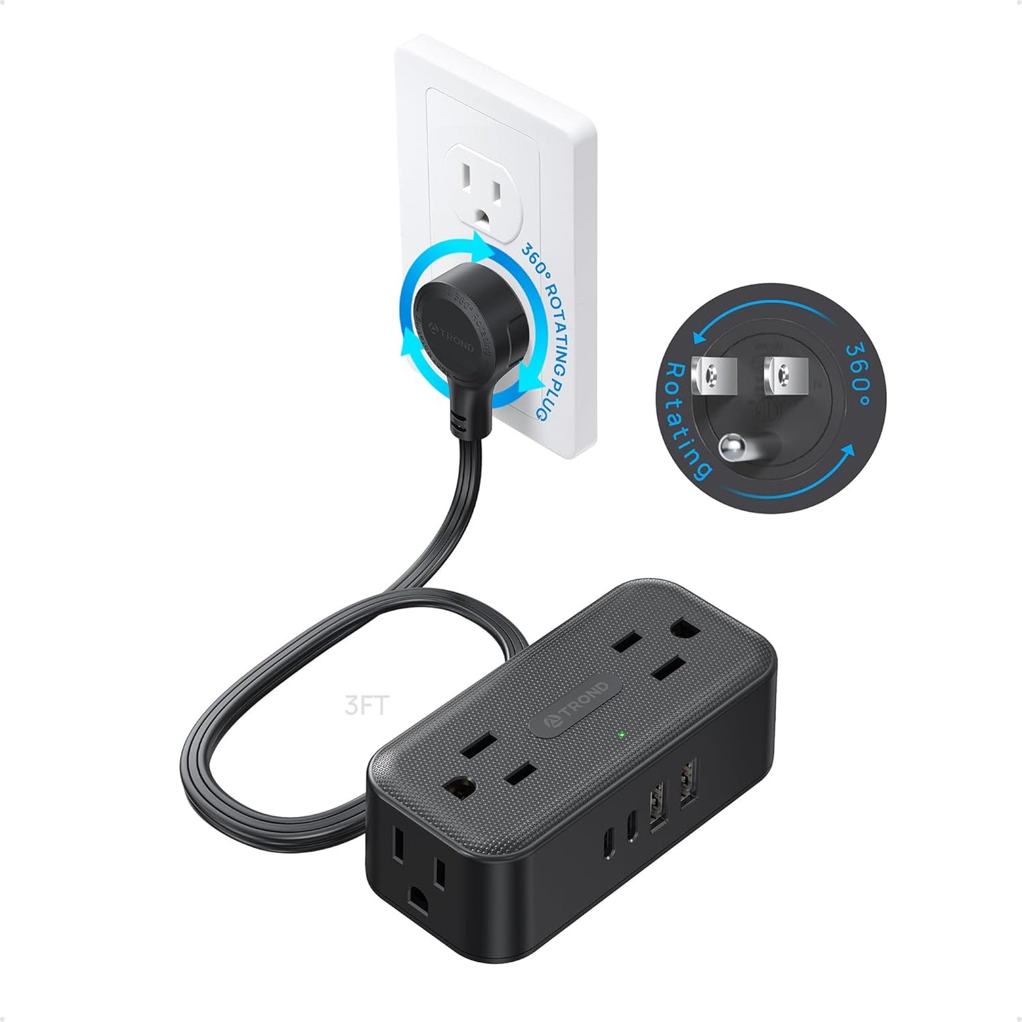 TROND 360° Rotating Flat Plug Power Strip, 3FT Extension Cord with 4 USB Ports, 4 Wide Spaced AC Outlets, Wall Mount, 900J Surge Protector for Office Travel Dorm Room Essentials, Black
