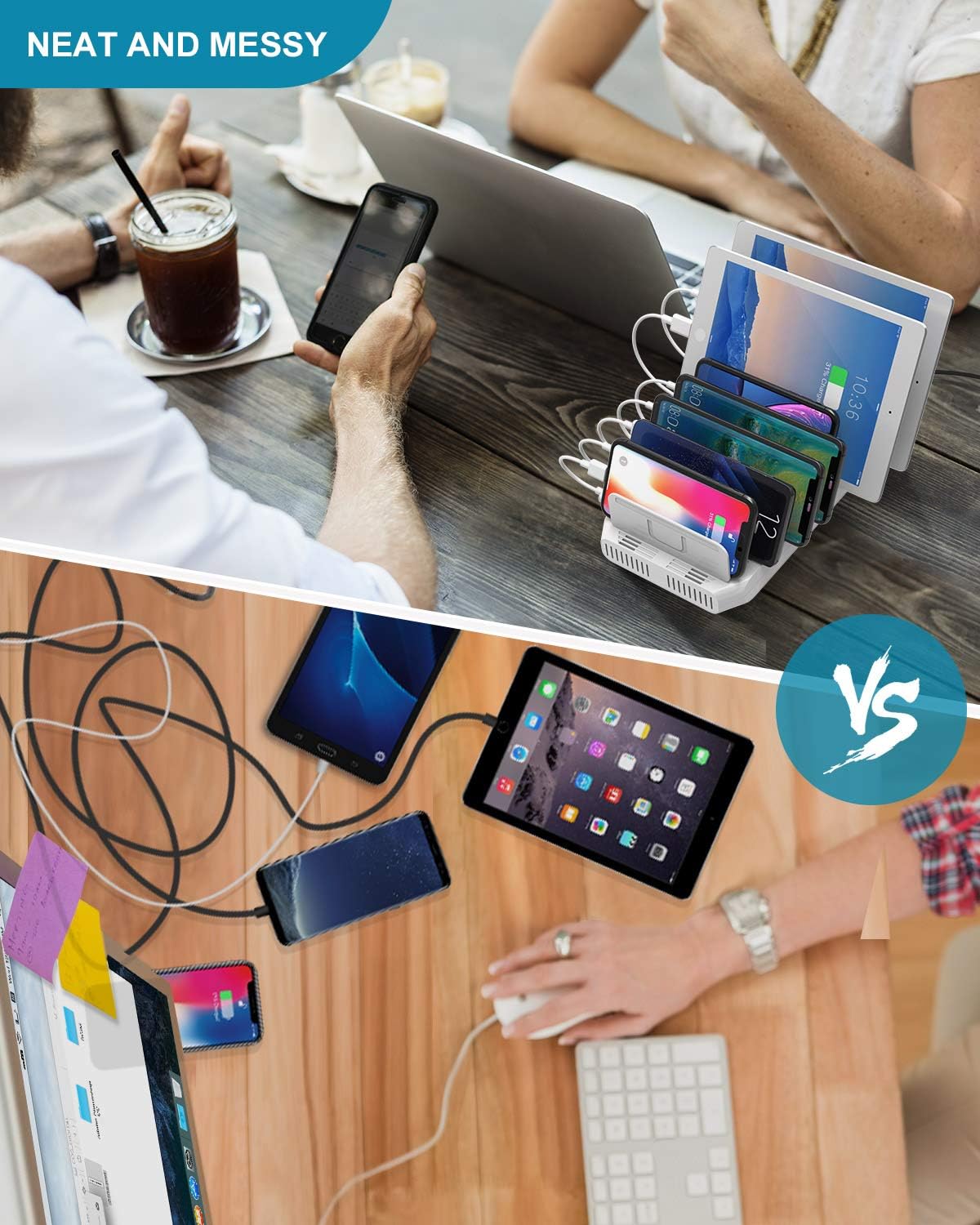 Unitek Phone Organizer and Charging Station for Multiple Devices, 10 Port USB Charging Station Dock with Adjustable Dividers and Smart IC