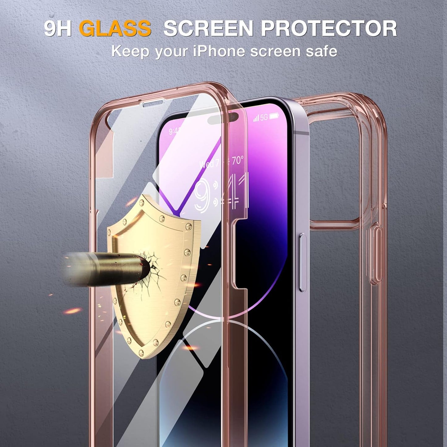 Miracase Glass Series Designed for iPhone 14 Pro Case 6.1 Inch, Upgrade Full-Body Bumper Case with Built-in 9H Tempered Glass Screen Protector, with Camera Lens Protector, Clear Pink