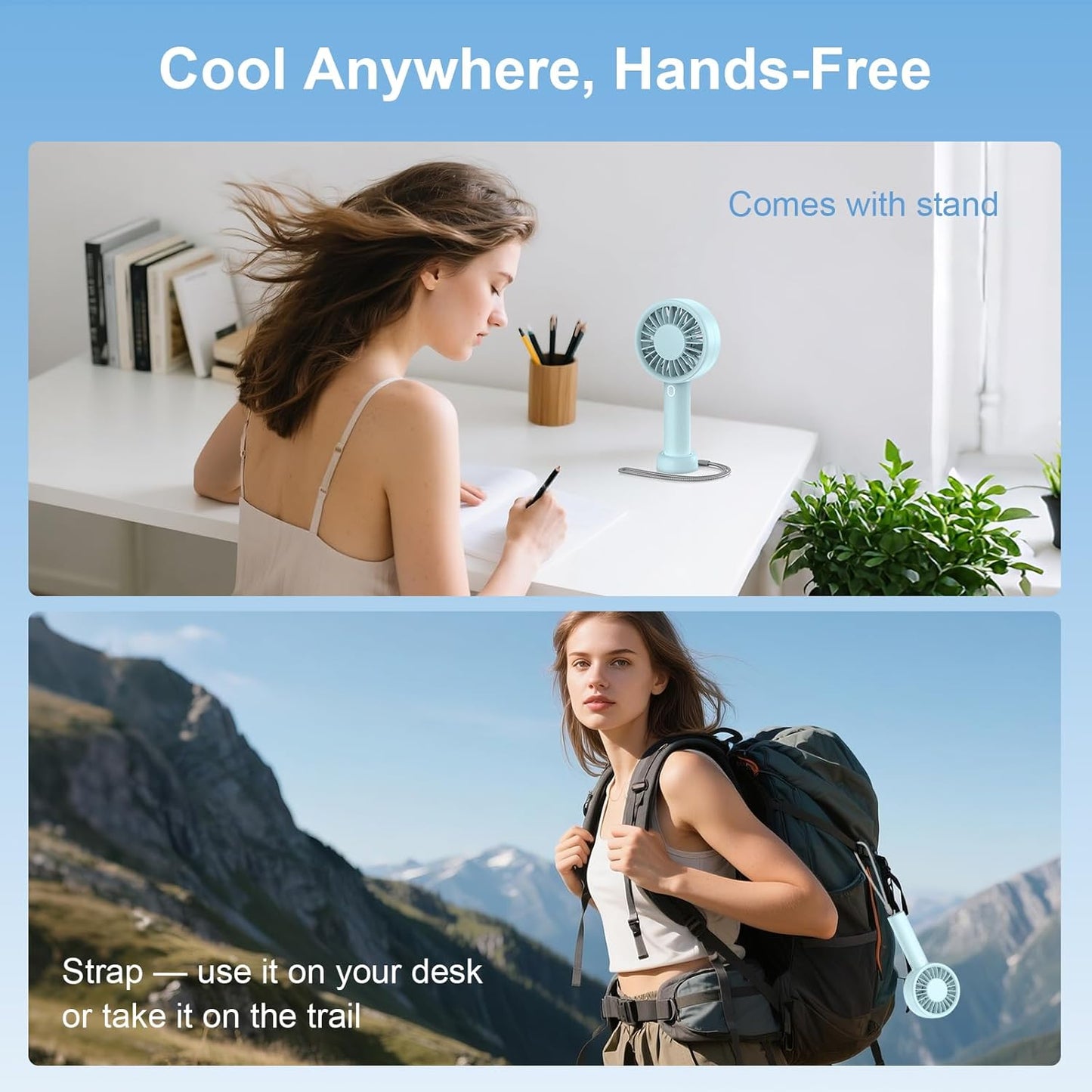 Portable Handheld Fan, USB Personal Fan Rechargeable Battery Operated 10H Working Cooling Time Mini Small Design with Base for Desktop/Travel/Outdoor/Vacation/Concerts/Lash Makeup-Blue