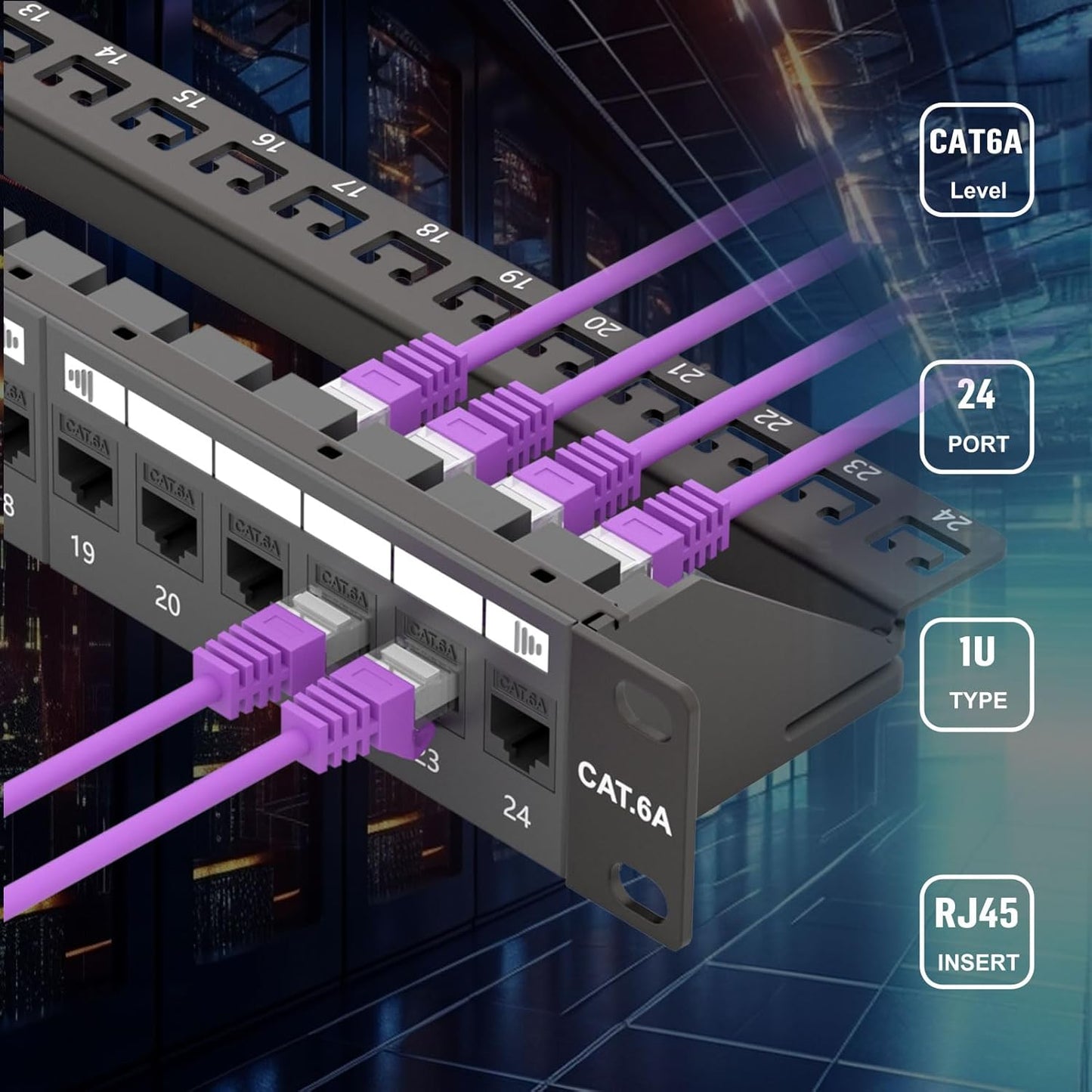 FGB 24 Port Cat6A Keystone Patch Panel, 19" Rackmount or Wall Mount, 1U with Back Bar, Network Patch Panel for Gigabit Ethernet