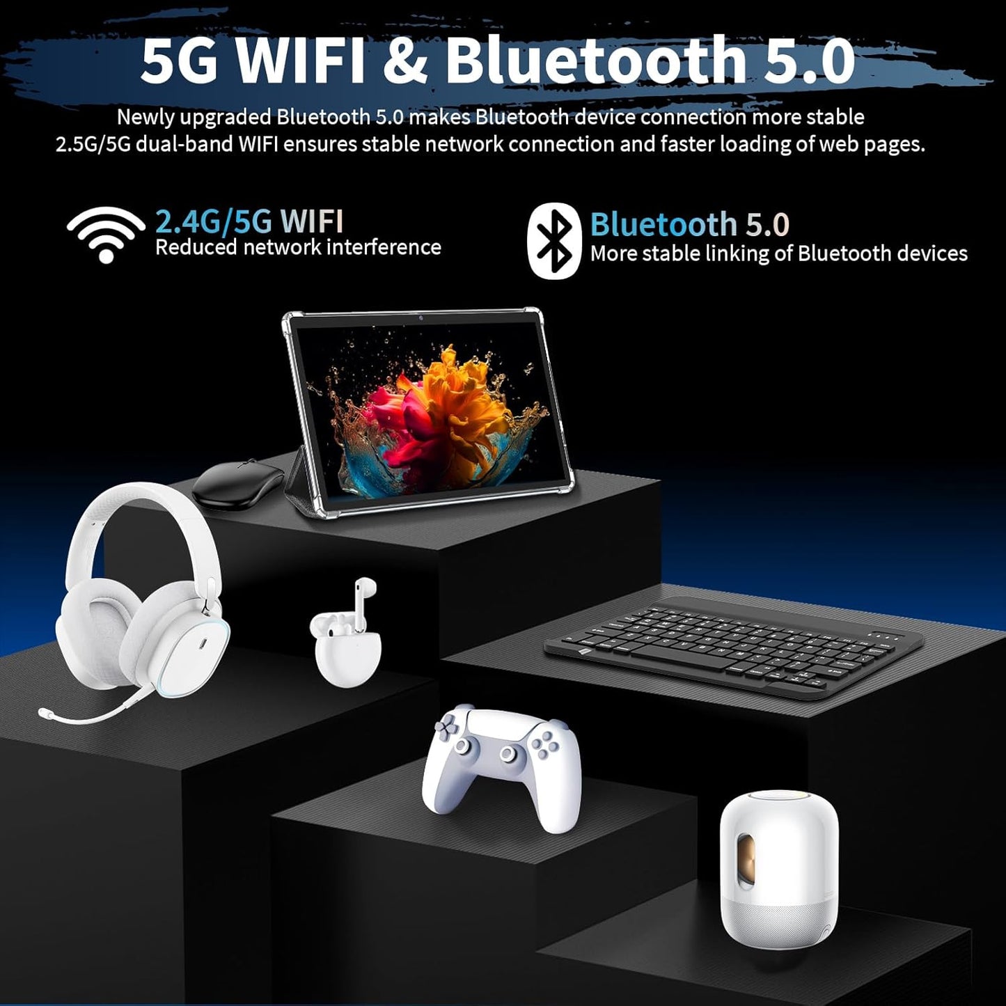 Android 15 Tablet, 26GB + 256GB (2TB Expandable), 10.1-inch Tablet with Keyboard, 8000 mAh Battery, BT 5.0, 5G WiFi, Widevine L1, 2-in-1 Tab with Mouse, Protective Case，Stylus (Black)