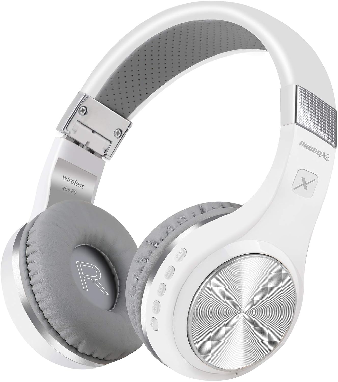 Riwbox Bluetooth Headphones, XBT-80 Folding Stereo Wireless Bluetooth Headphones Over Ear with Microphone and Volume Control, Wireless and Wired Headset for PC/Cell Phones/TV/iPad (Silver White)