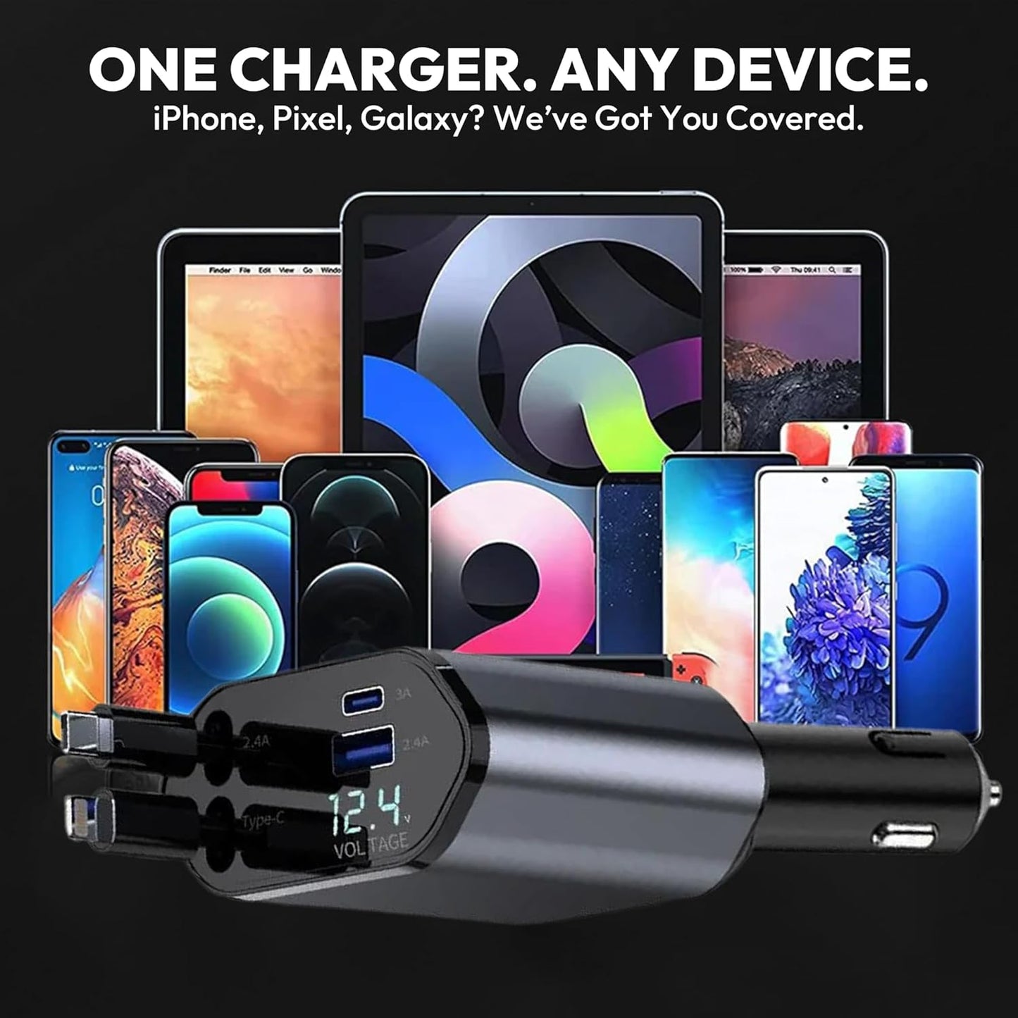 120W Retractable Car Charger 4-in-1 USB-C & Lightning Cable – Fast Charging Adapter for iPhone 16/15/14, Samsung, Android | USB Type-C Port + LED Voltage Display | Multi-Device Car Charger