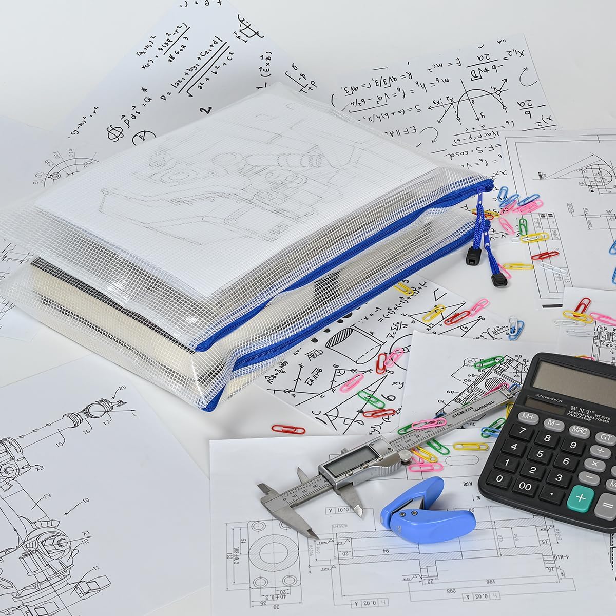 AUSTARK 20 Pcs Zipper File Bags, Plastic Mesh Pouch, Board Game Storage Bag, Waterproof Bags for Office School (B4 Size 15''x11'', White and Blue)