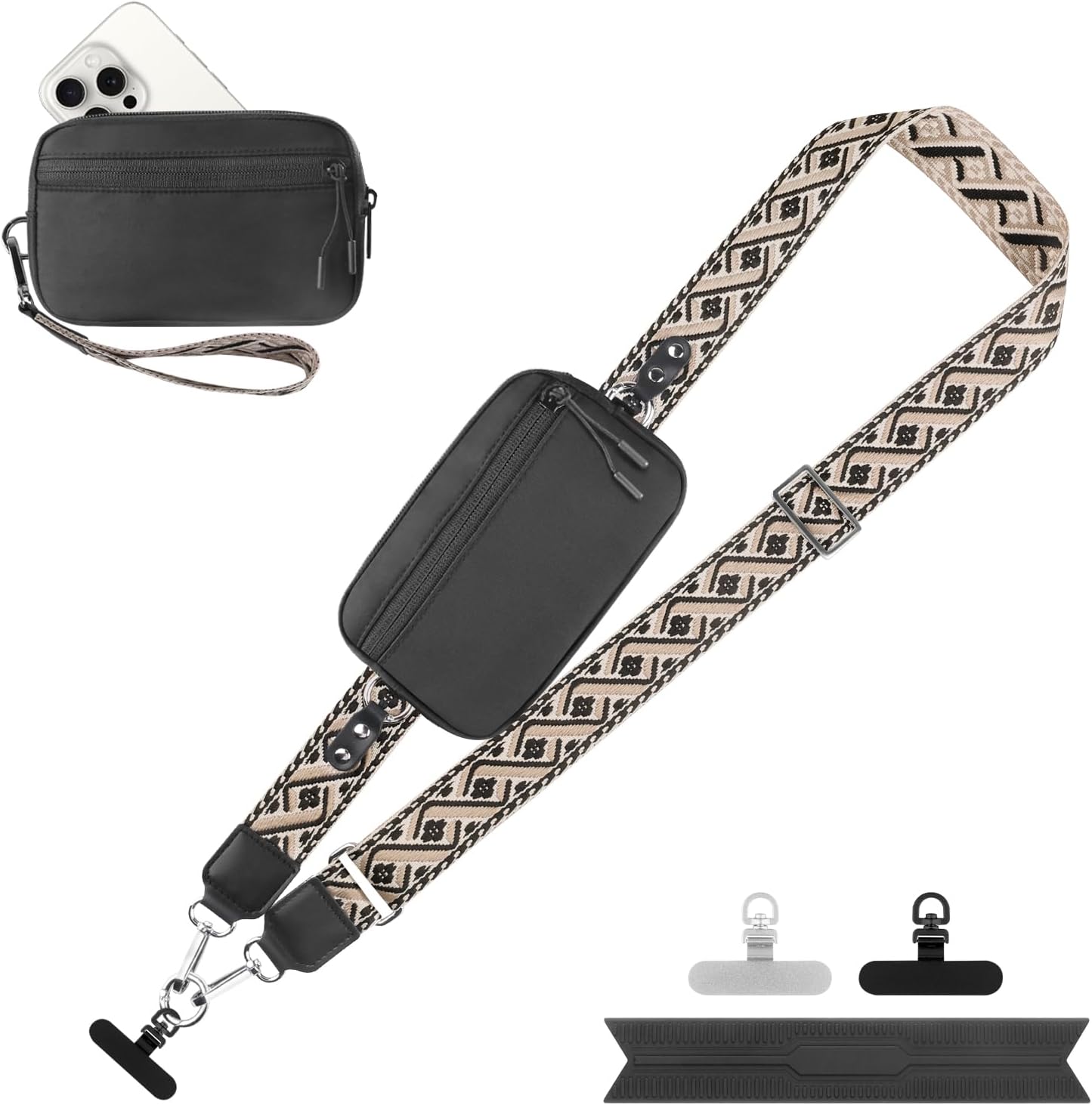 Clip and Go Strap for Phone with Wallet Crossbody, Adjustable Phone Lanyard with Detachable RFID Wristlet Wallet, Pattern Strap - Black (L)