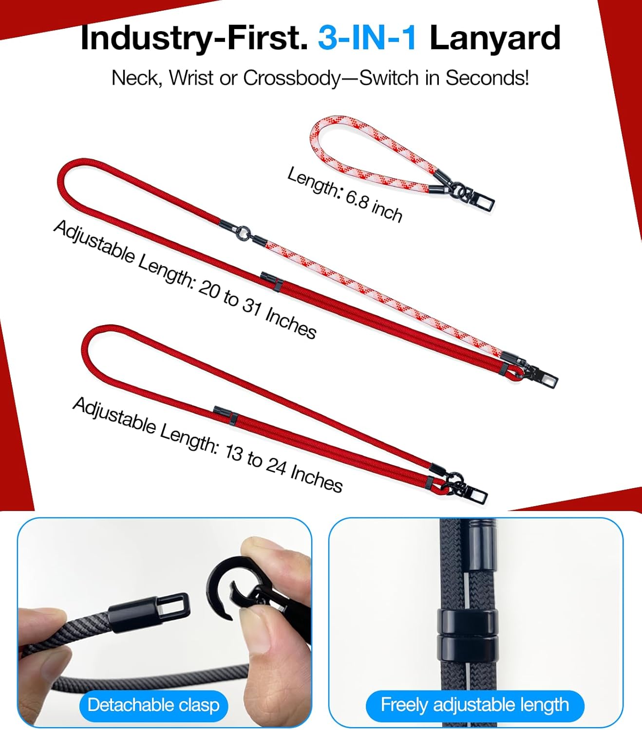 Phone Lanyard Crossbody, 3-in-1 Neck Strap& Wrist Strap, Adjustable Anti-Theft Lanyard with 2 Phone Tether Tabs, Universal Cell Phone Strap for iPhone& Android Case, Travel Essential, Red