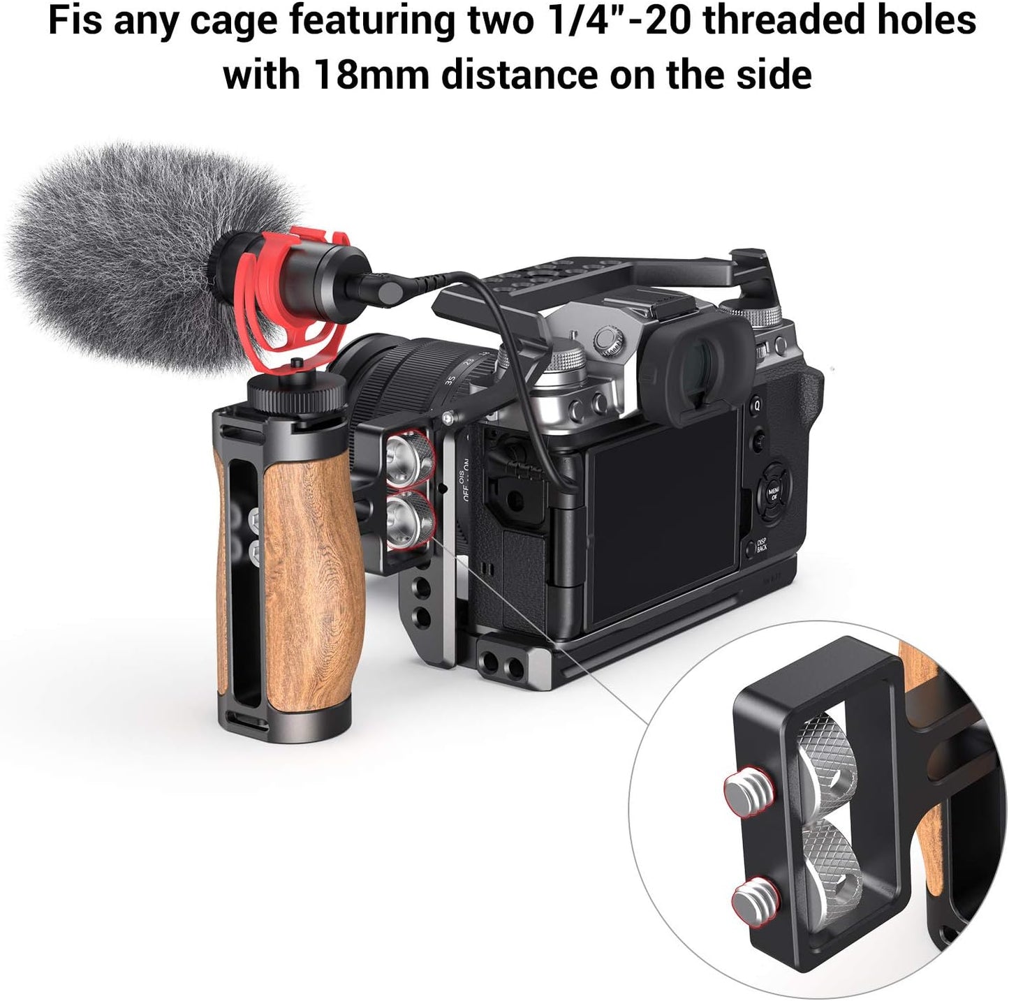 SMALLRIG Wooden Mini Handle Side Handgrip with 1/4"-20 Screws for Mirrorless Digital Camera DSLR Camera Small Camera Cage with Cold Shoe Mount Built-in Wrench, Up and Down Adjustable - 2913