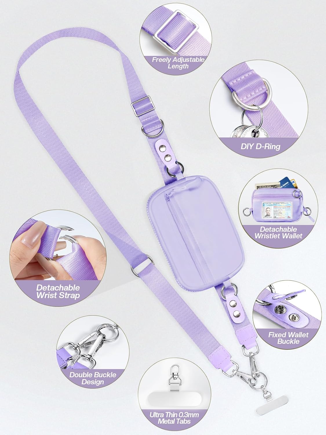 Clip and Go Strap for Phone with Wallet Crossbody Phone Lanyard Adjustable and Detachable RFID Wristlet Wallet with ID Window and Zipper, Purple