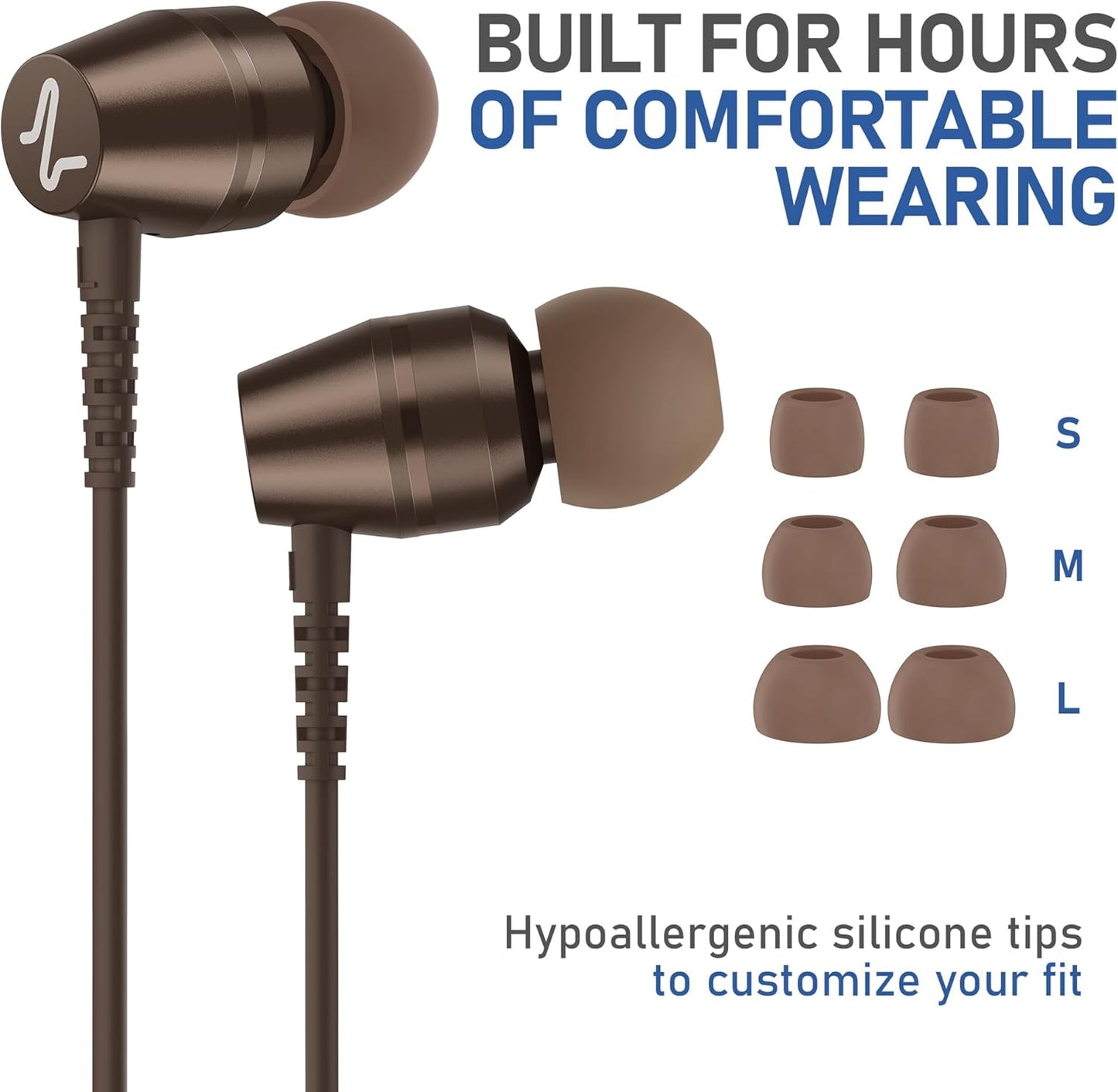 LUDOS OMNITONE Wired Earbuds in-Ear Headphones, 5 Year Warranty, Earphones with Microphone, 3.5 mm Jack Corded Ear Buds, Videoconference for iPhone, Samsung, Laptop, Kids, School Students - Brown