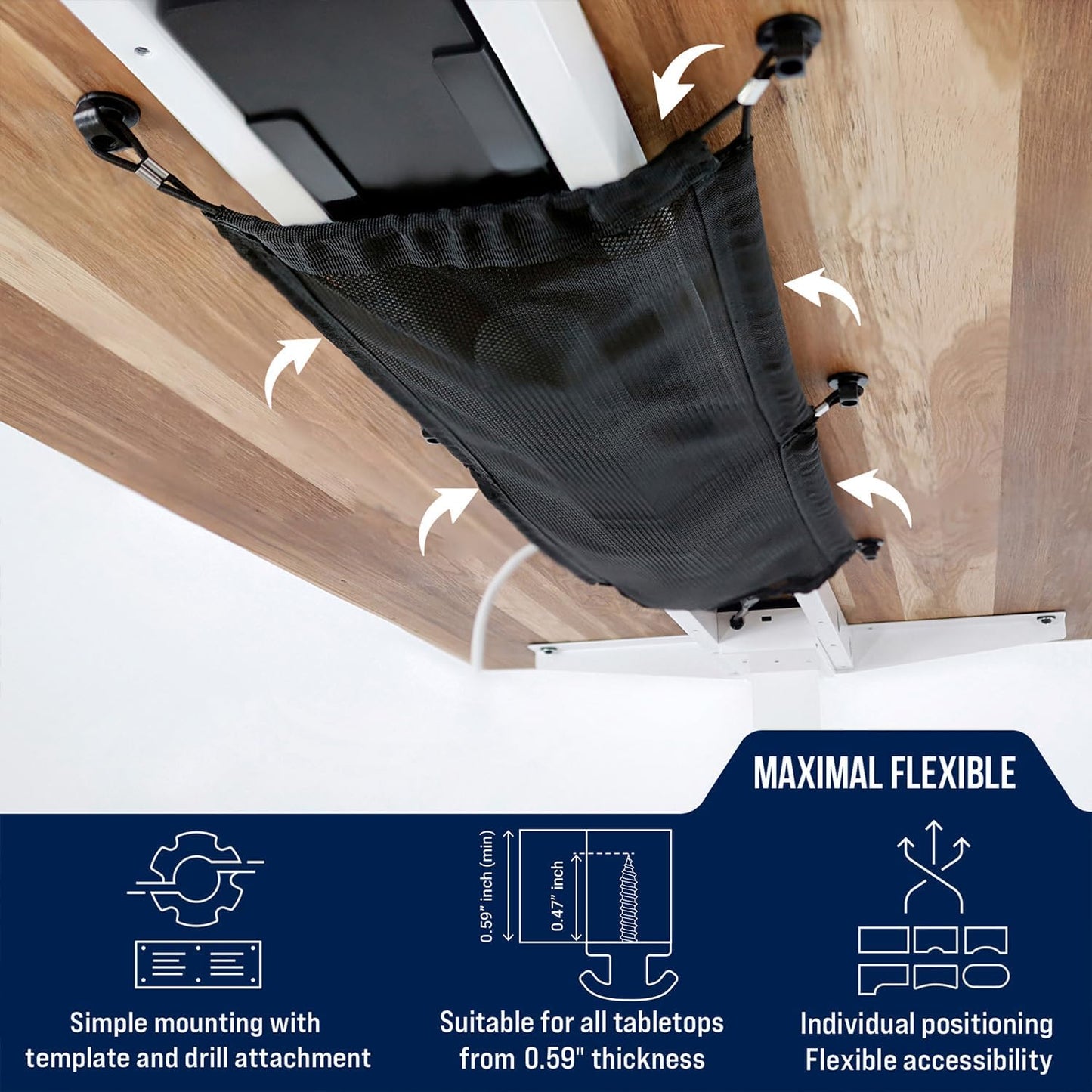 Cable Management net - Under Desk Wire Management - Flexible Under Desk Cable Management Tray Black