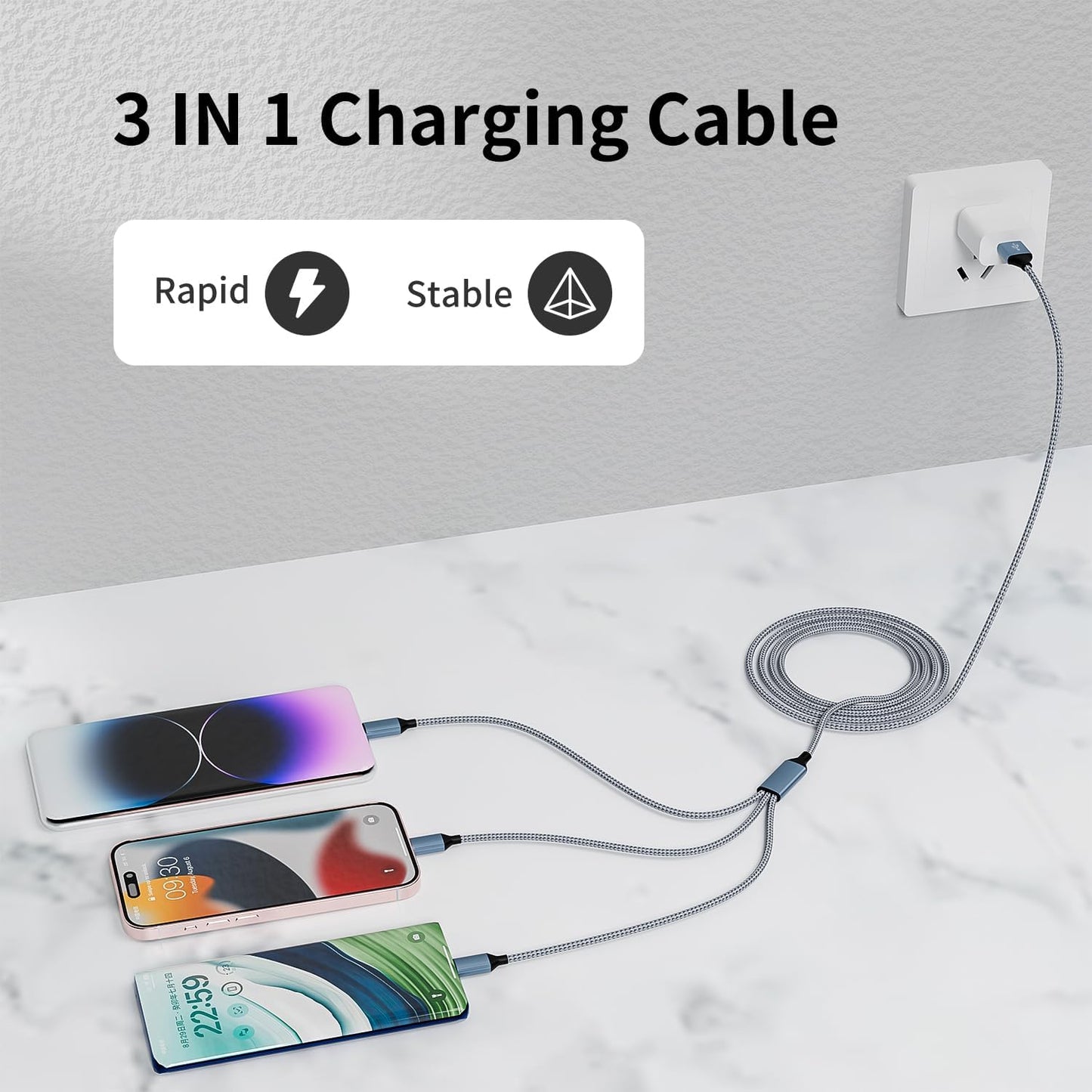 IDISON Multi Charging Cable(3Pack 4FT), 3 in 1 Charging Cable Nylon Braided Multiple USB Cable Universal Charging Cord with Type-C, Micro USB and IP Port for Cell Phones and More