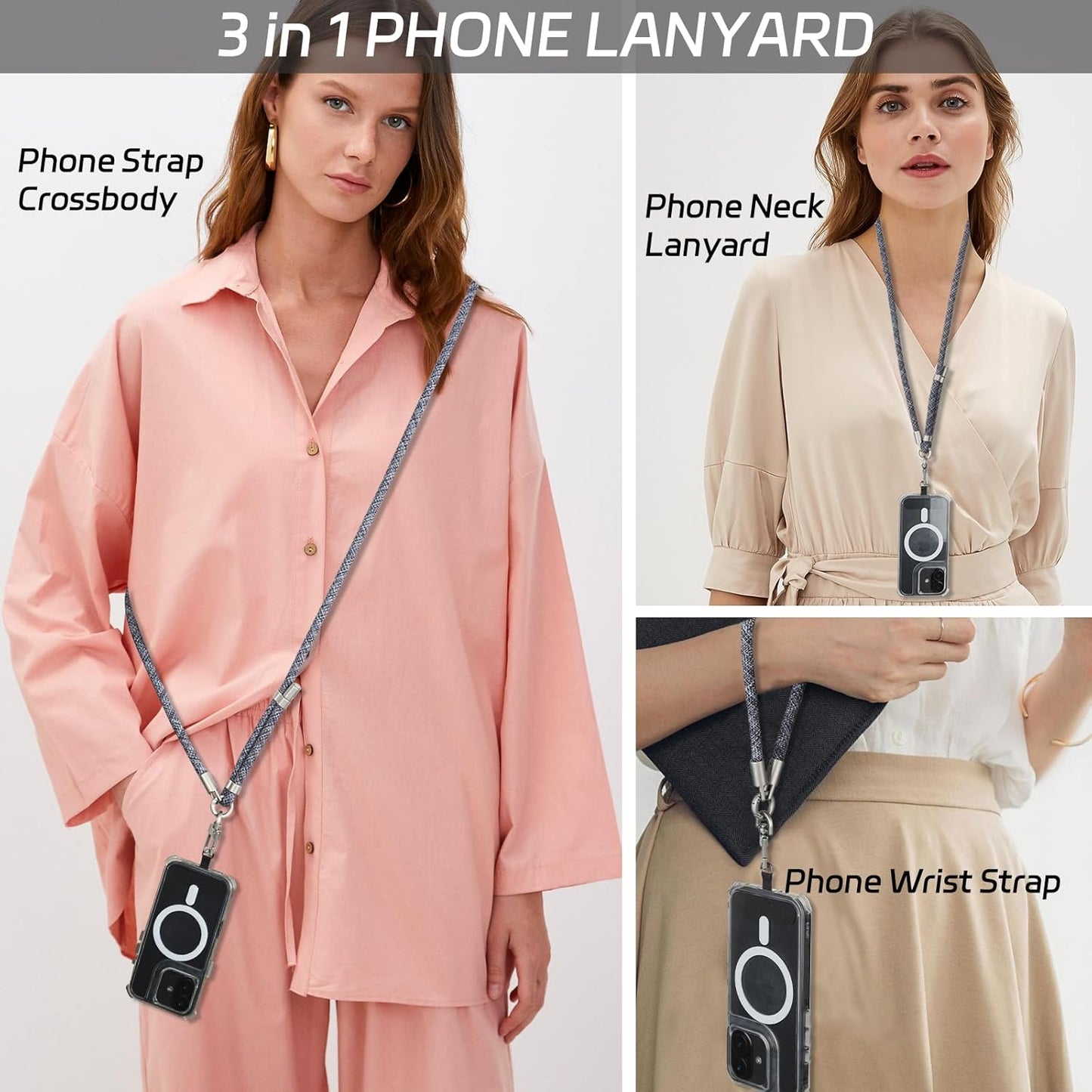 3-in-1 Adjustable Phone Lanyard Crossbody Cell Phone Neck Strap Universal Mobile Wrist Lanyard