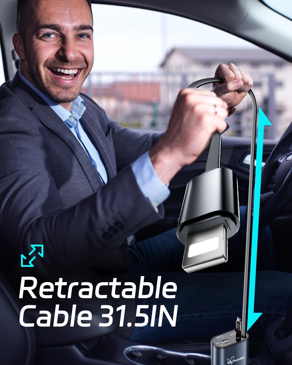 DreamBee Retractable Car Charger,66W 4 in 1 Super Fast Charge Car Phone Charger,Gifts for Men Women Car Truck Accessories for iPhone 15/14/13/12 Pro Max XR,iPad,Samsung,Pixel-Blue