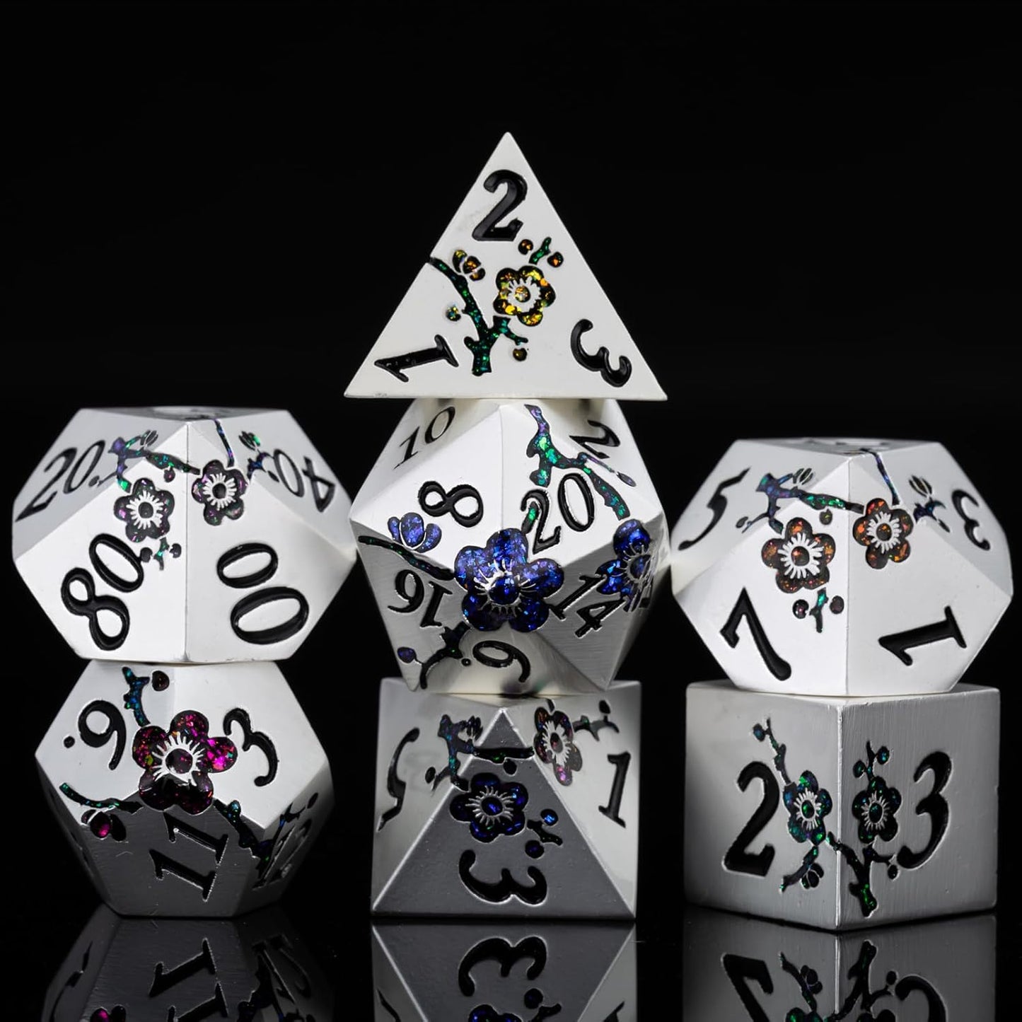 7 PCS Solid Metallic Flower D&D Dice Set,Metal Dungeons and Dragons Dice Set with Gift Box for DND Tabletop Game (Silver-Seven Colour Brocade)