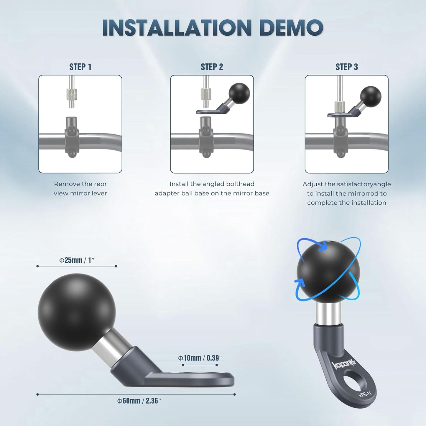 Motorcycle Phone Clip Kit, Anti-Theft Double Socket Arm/Angled Bolt-Head Adapter Ball Base for Mirrors Lever or Round Bar, Suitable for Width of 2.56-3.74" Phone (KPS-04)