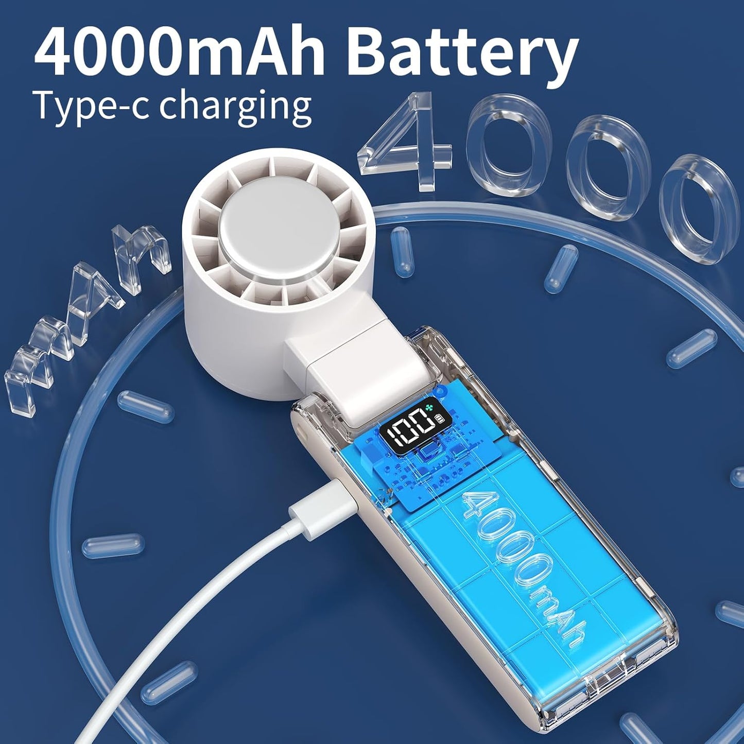 OTPEIR Portable Handheld Turbo Fan with Cooling Tech, Digital Display, 100-Speed Control, Rechargeable 4-in-1 Personal Fan for Travel, Outdoor, Office (White)