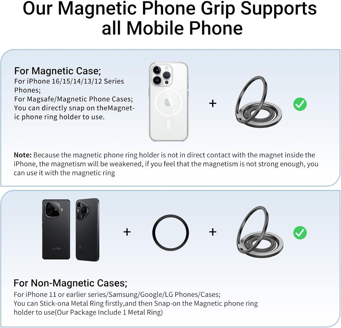 OPSO Magnetic Phone Ring Holder for MagSafe, 360° Rotatable Gym Finger Ring Grip Stand, [Dual-Sided Magnet] Magnetic Phone Grip Adjustable Kickstand for iPhone 16 15 14 13 12/Pro/Max, All Smartphone