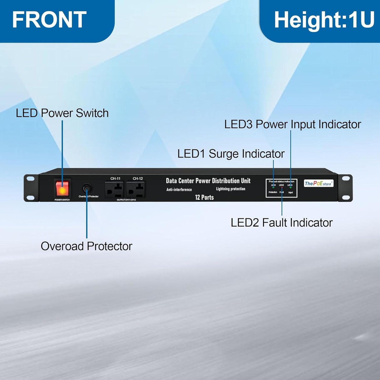 1U PDU Network Servers Surge Protector Power Distribution Unit 12-Outlet, 120V 20A, 3600 Joules 10KA,19″ Rack Mount Power Strip,Heavy-Duty 12AWG 16 ft Cord,w/AC Filter, ETL Listed, by ThePoEstore