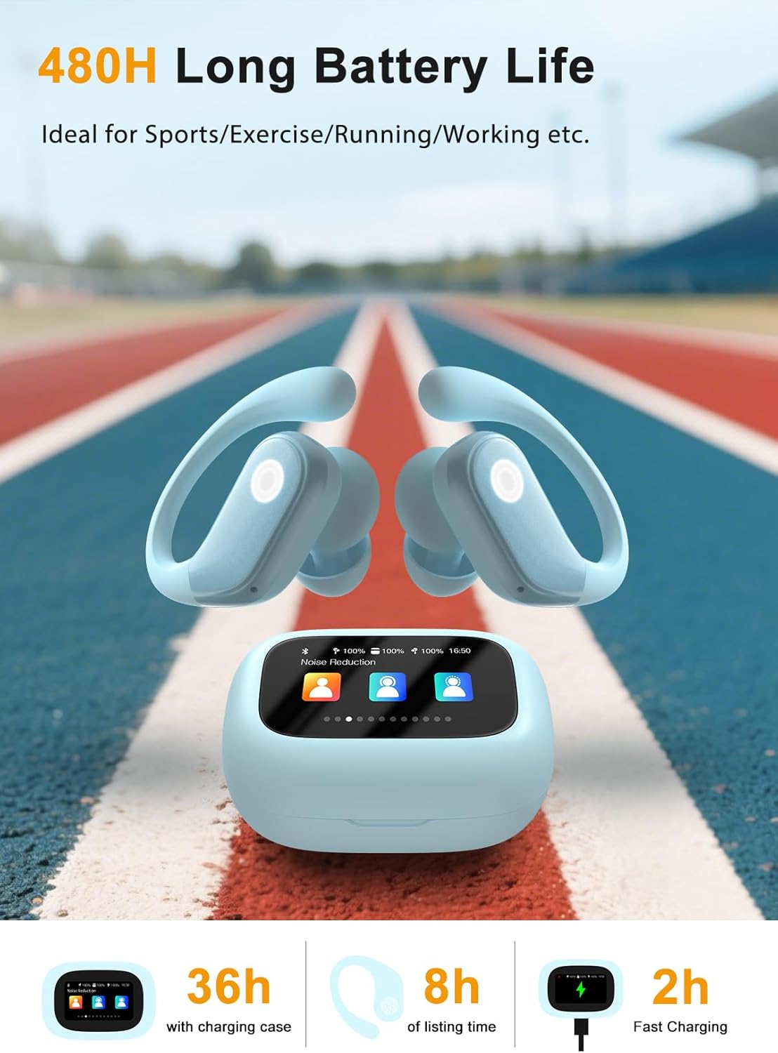 Wireless Earbuds, ANC Noise Cancelling Sport Ear Buds with Multifunctional Touch Screen, Bluetooth 5.4 Headphones, Bass Stereo Sound, 5 EQ Over The Ear Earbuds for Sports/Workout/Gym-Sky Blue