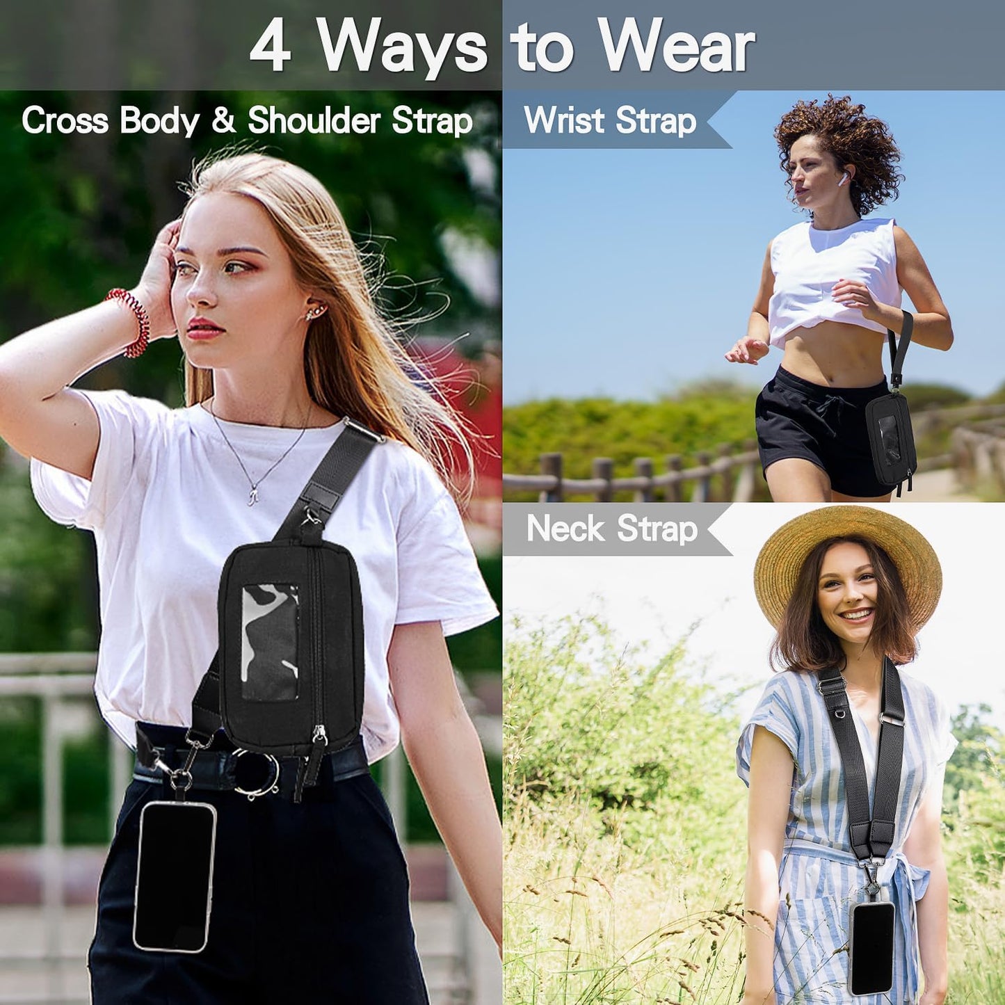 Clip & Go Phone Strap Crossbody with Wallet, 2 Pcs-Crossbody Lanyard with a Zipper Bag & Wrist Lanyard-1 Pad, Save Girls Phone Strap with Pouch, Universal Adjustable Neck Cellphone Holder (Black)