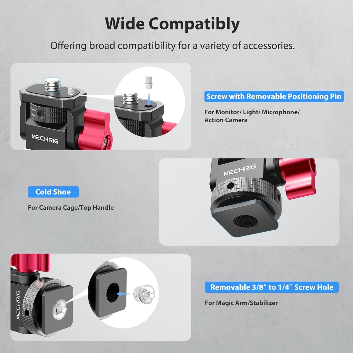 Mini Camera Monitor Mount with Cold Shoe, Aluminum Field Monitor Mount with 1/4″ Screw for LED Light Mic Cage, Cold Shoe Adapter 360° Swivel & 180° Tilt Damping (with Knob 63142)