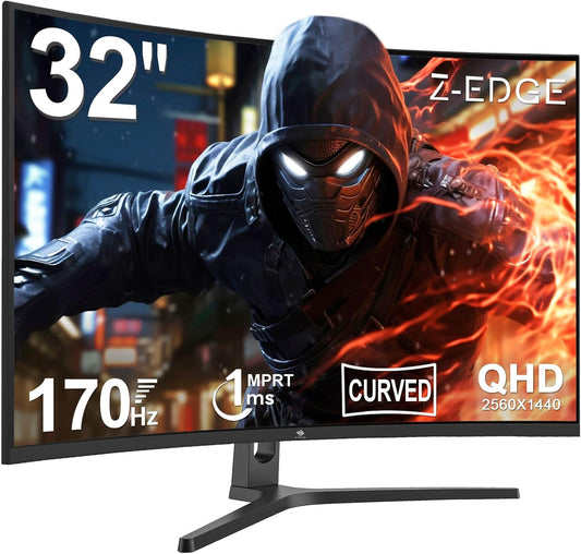 Z-Edge 32 inch Curved Gaming Monitor, QHD 1440P 170Hz 165Hz 144Hz Curved Monitor, 1500R Computer Monitor, MPRT 1ms Monitor, 16.7M Colors, 3000:1 Contrast, UG32 Ultra Slim Bezel, DP x2, HDMI x2