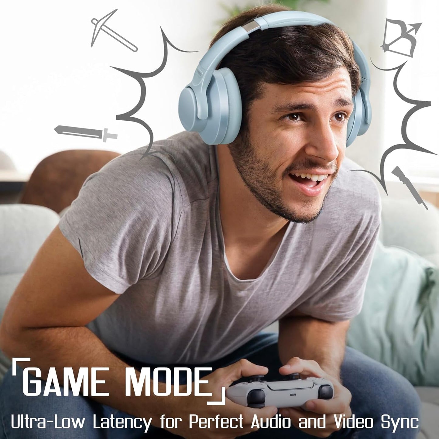 TUINYO Wireless Headphones - Noise Cancelling Over Ear Bluetooth Headphones with 60H Playtime, Deep Bass Hi-Fi Stereo Sound & Comfortable Earpads for Travel, Home and Office-Blue Gray…