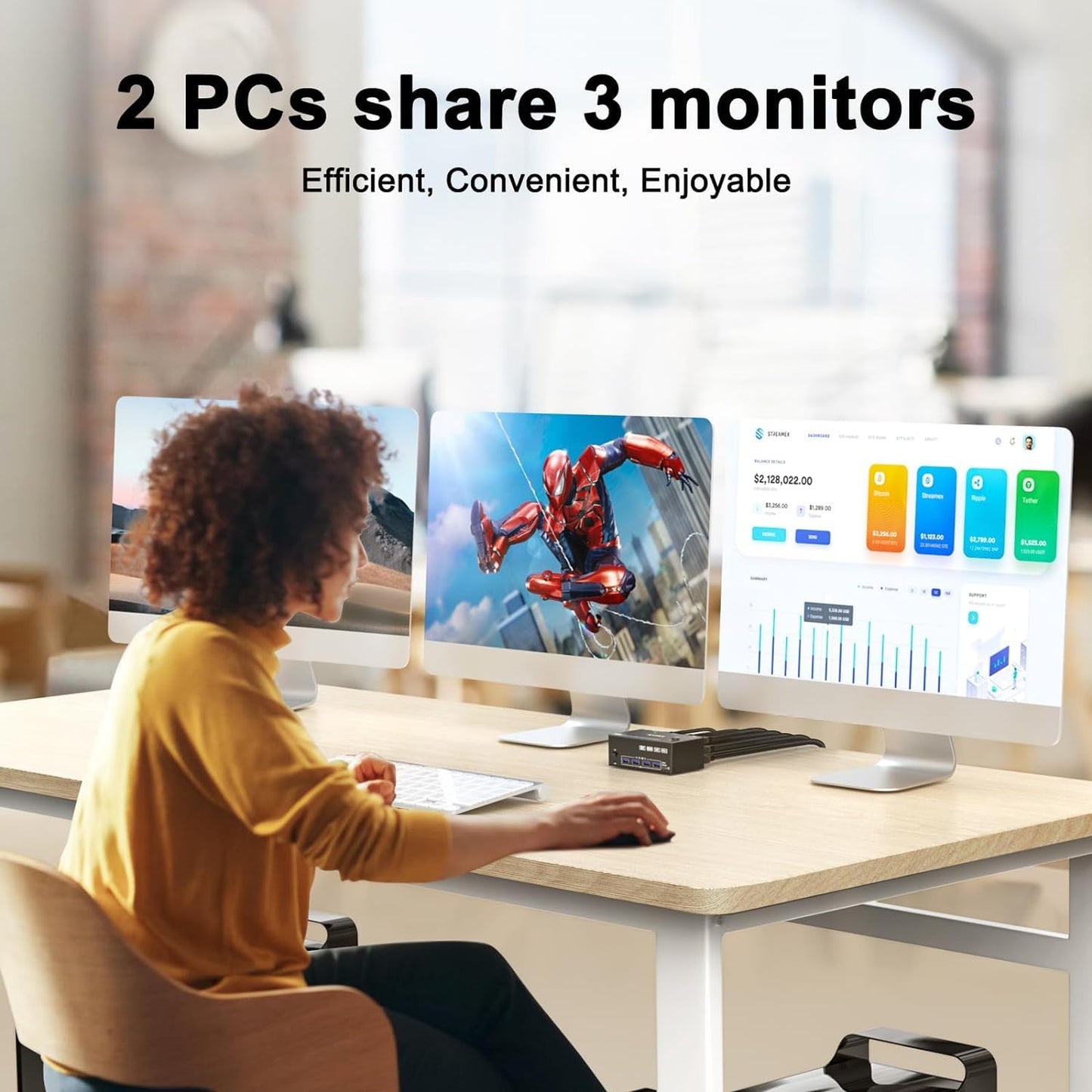 KVM Switch 3 Monitors 2 Computers 8K@60Hz/4K@144Hz, HDMI Displayport KVM Switches for 2 PC Sharing Triple Monitor and Keyboard Mouse with Power Adapter, Wired Extend Controller and USB3.0 Cables