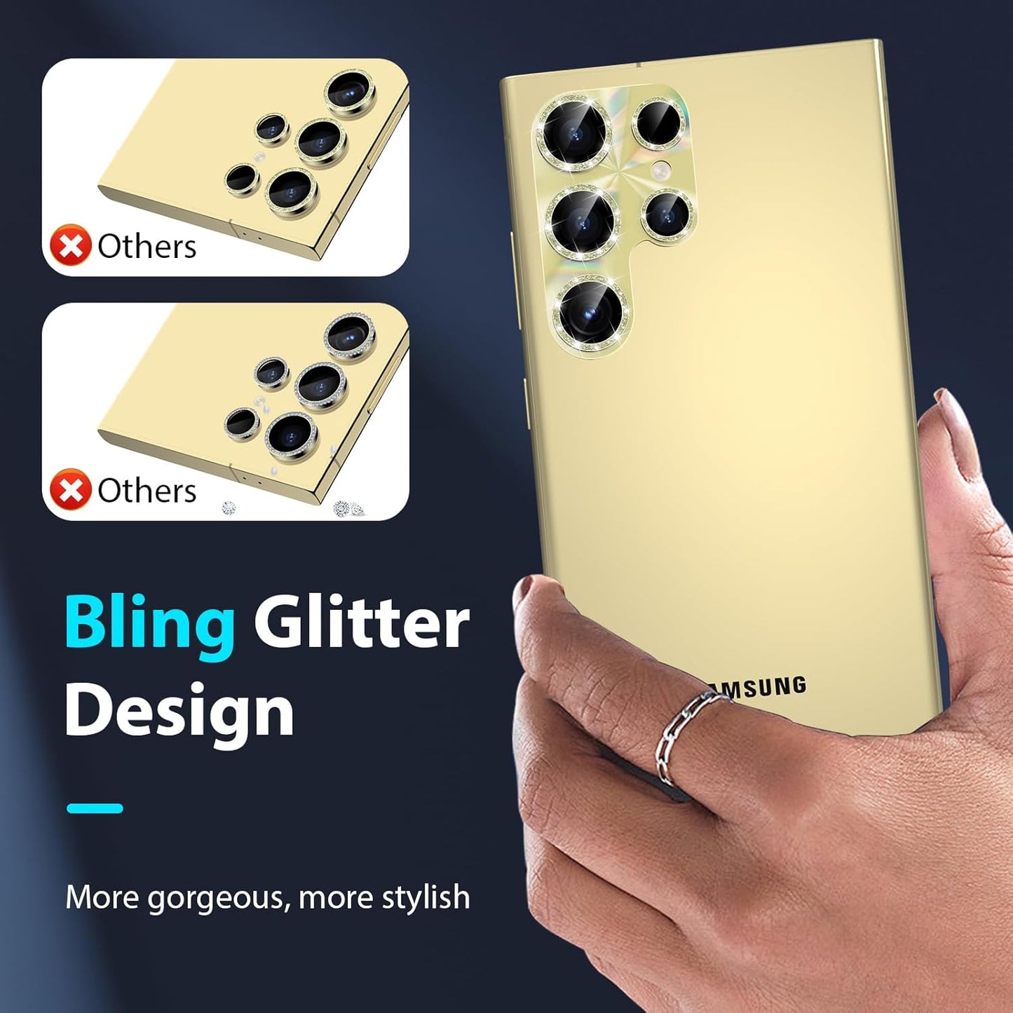 YWXTW Camera Lens Protector for Samsung Galaxy S24 Ultra, [Lithography Laser Gradient] [5X Strengthen] Bling Glitter Tempered Glass Screen Protector Metal Ring Camera Lens Cover (Titanium Yellow)