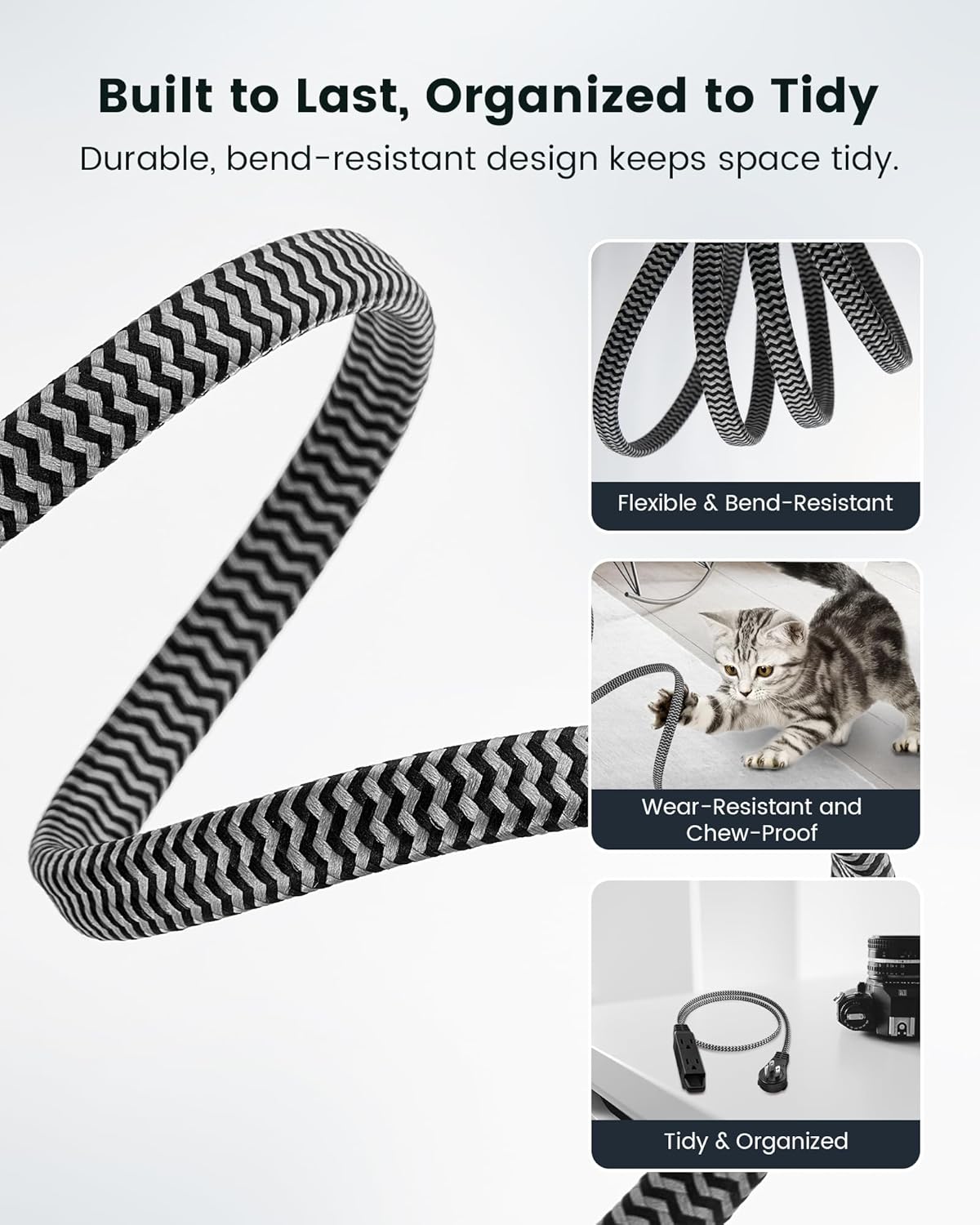 SURAIELEC 2 Pack Flat Extension Cord 3FT, 360° Rotating Plug, Braided Flat Plug with 3 Outlets, 16 AWG Thin Black Extension Cord for Indoor Use, Home, Office, Compact Spaces, ETL Listed