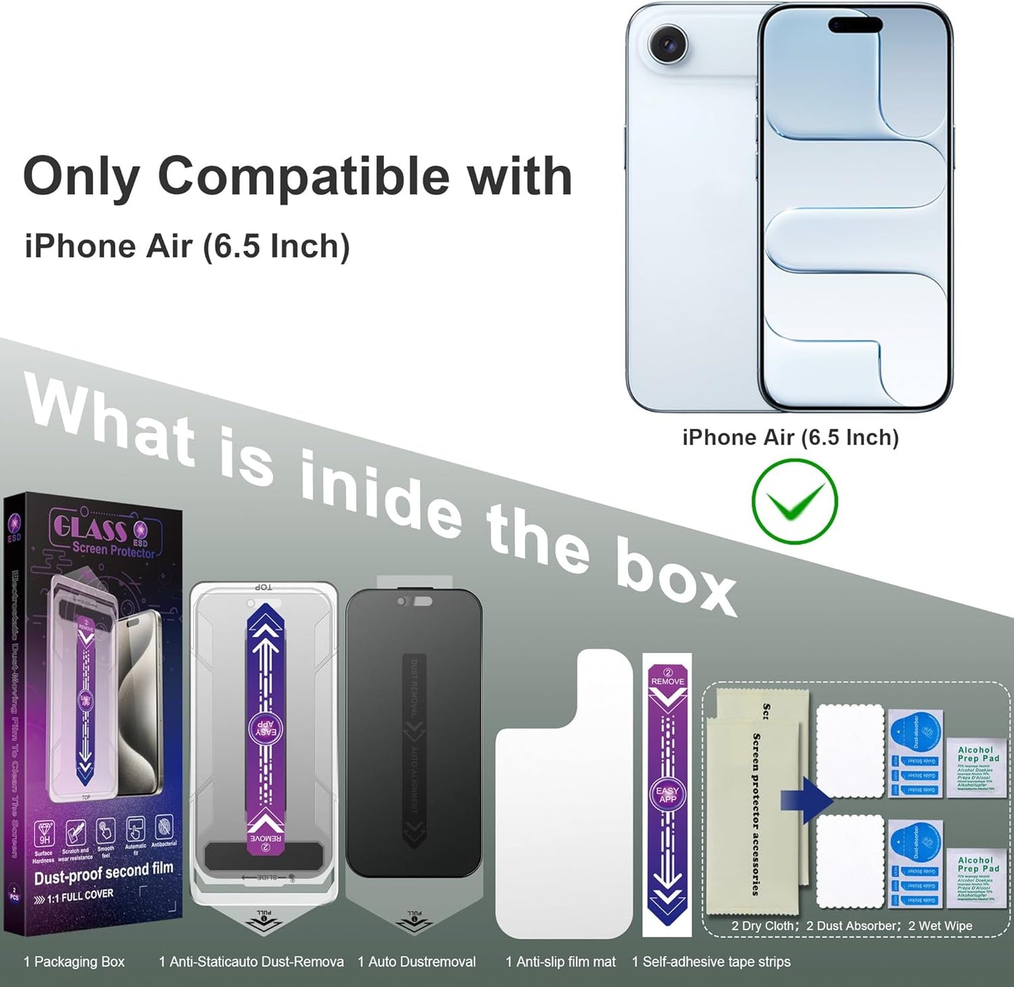 Matte Privacy Screen Protector for iPhone Air 6.5-Inch, Auto Dust Removal, 9H Anti-Spy Tempered Glass Film, Full Cover, Anti-Fingerprint, Easy Installation, 2 Pack