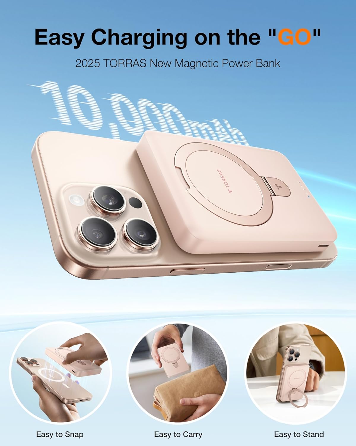 TORRAS 10000mAh Magnetic Portable Charger Power Bank for iPhone, Fast Charging Travel Essential Wireless Battery Pack OStand Compatible with Magsafe, i Phone 16 Pro Max,Pro,15,14,13,12, Rose Gold