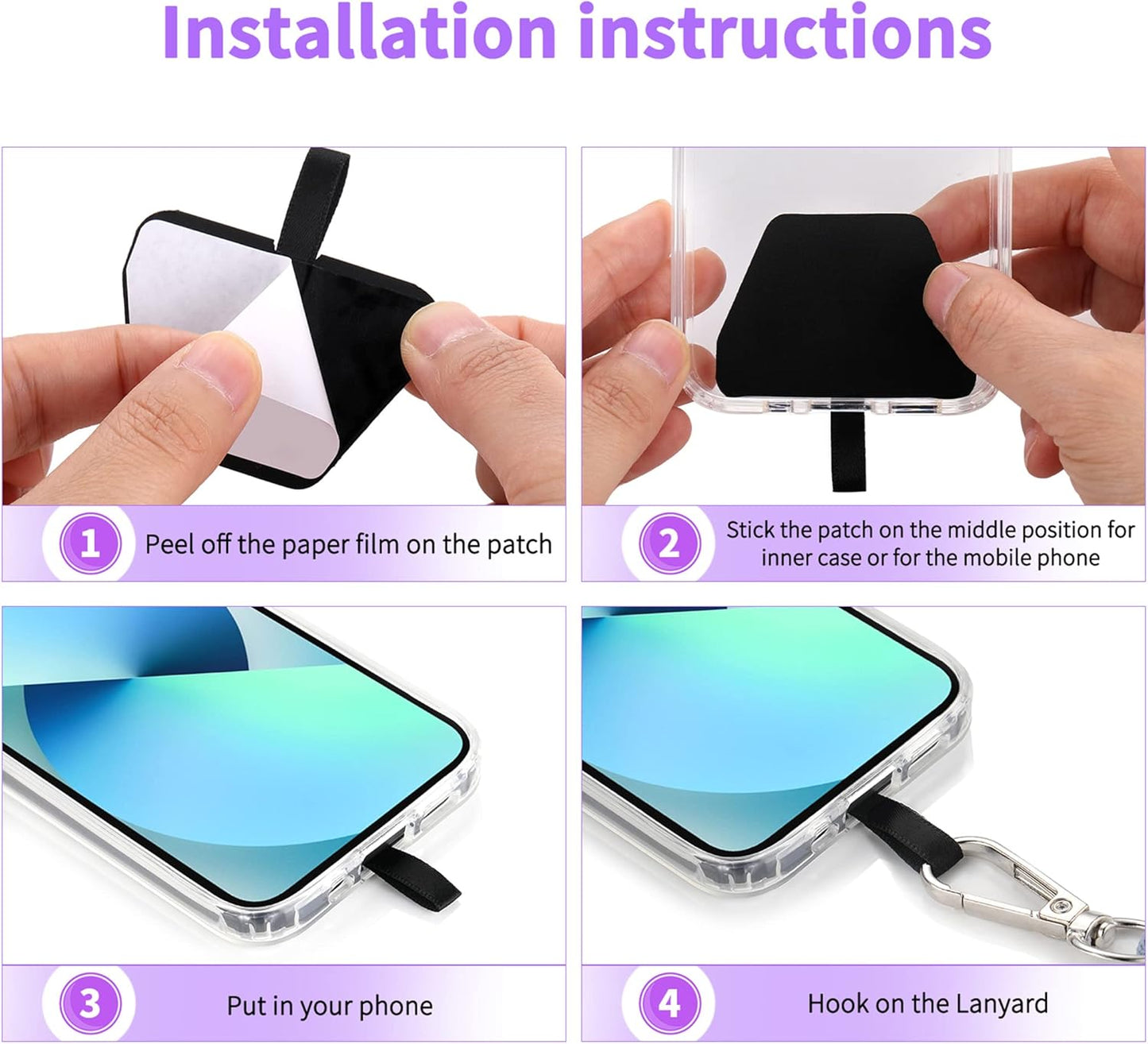 CACOE Phone Lanyard 2 PCS-2 PCS Adjustable Neck Strap,4 PCS Patches,Universal Crossbody Multifuctional Cell Phone Lanyards Compatible with Most Smartphones(Black+Dark Purple)