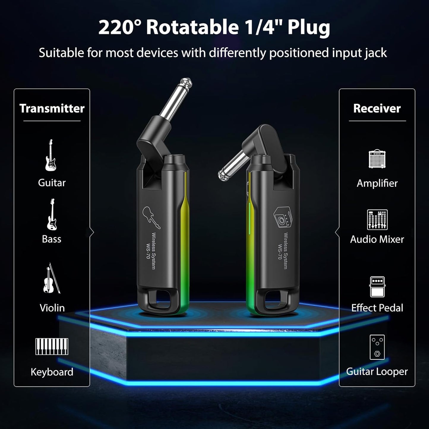 LEKATO Wireless Guitar System UHF Wireless Guitar Transmitter Receiver Rechargeable Audio Wireless Guitar Transmitter and Receiver with 70 Channels Wireless for Guitar Bass Electric Instruments-Green