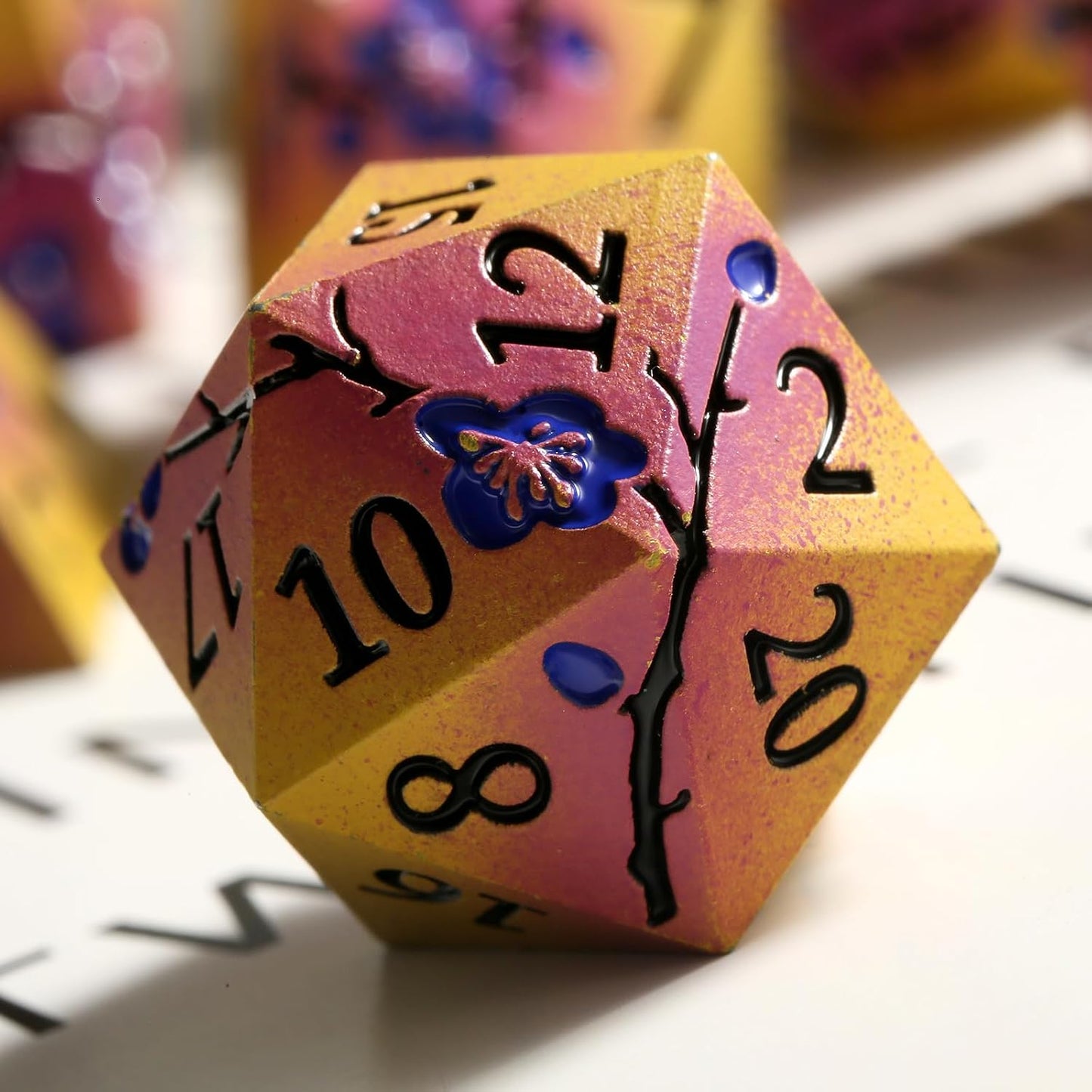 DNDND Flowers Metal Dice, 7 PCS Metallic DND Dice with Gorgeous Gift Case for D&D Dungeons and Dragon Tabletop Game (Earth Yellow and Purple)