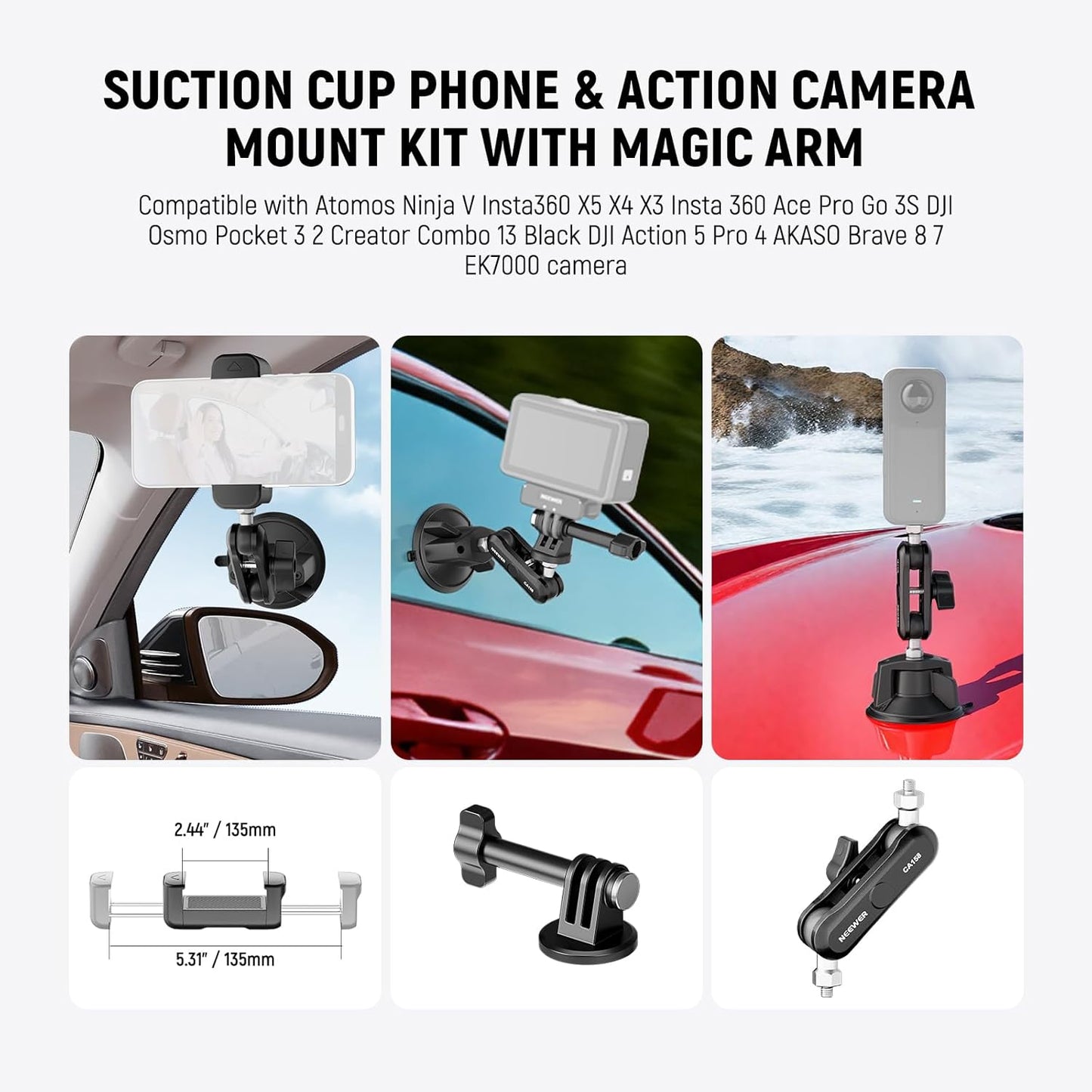 NEEWER Suction Cup Phone Holder & Camera Mount Compatible With GoPro DJI Insta360 iPhone, Car Phone Mount with Action Camera Adapter 360° Magic Arm for POV Windshield Glass Vlog Video Recording, CA158