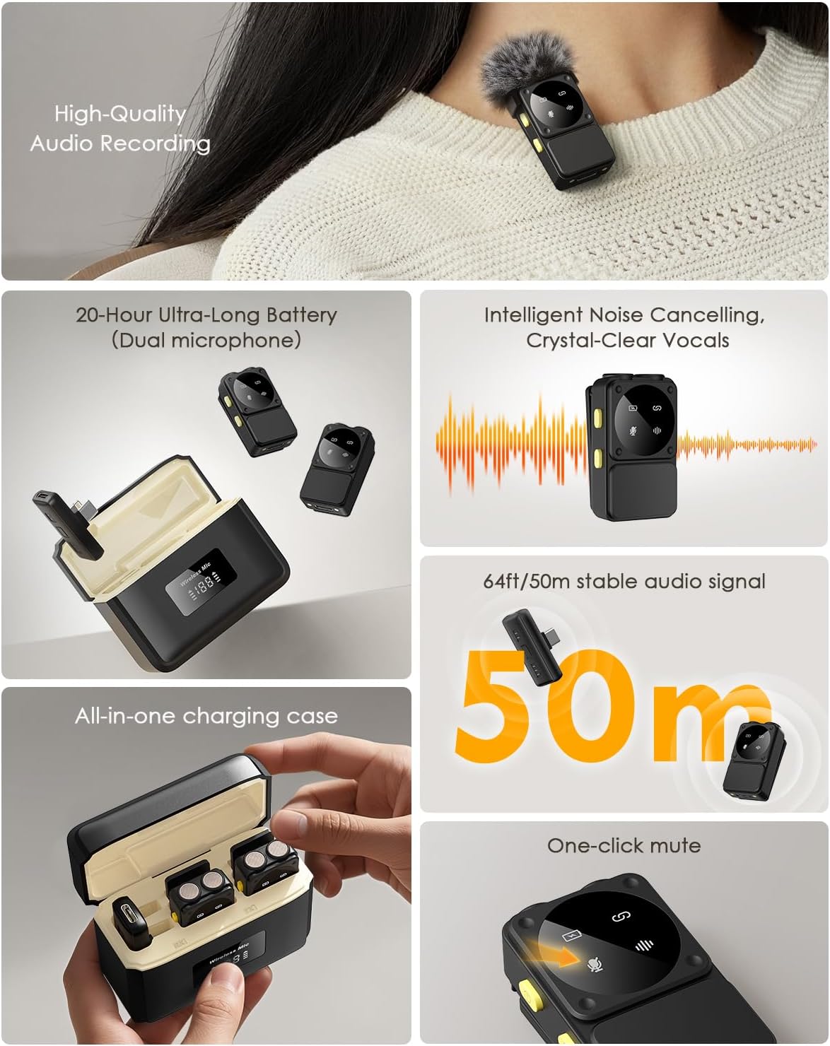 PQRQP Microphone for iPhone/iPad/Android, Mini Microphone with Noise Cancellation, 164ft Transmission, 80H Battery Life with Charging Case, Clip-On Wireless Microphones for YouTube, TikTok, Recording