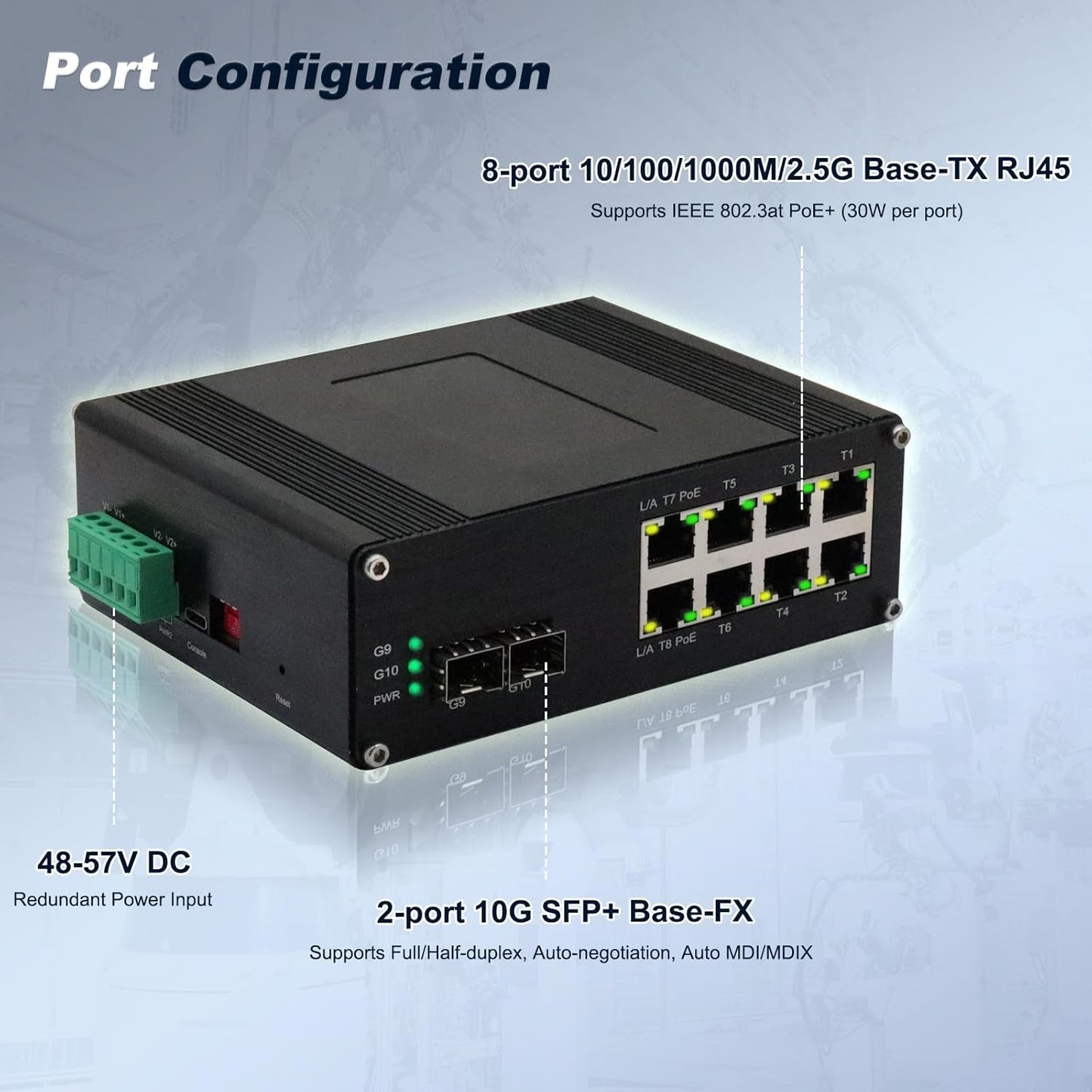 Managed 8-Port 2.5G Switch with 2-Port 10G SFP+, Industrial IEEE 802.3af/at 30W PoE Ethernet Switch, 48~57VDC Power Input, Plug & Play, Support QoS, Vlan, IGMP